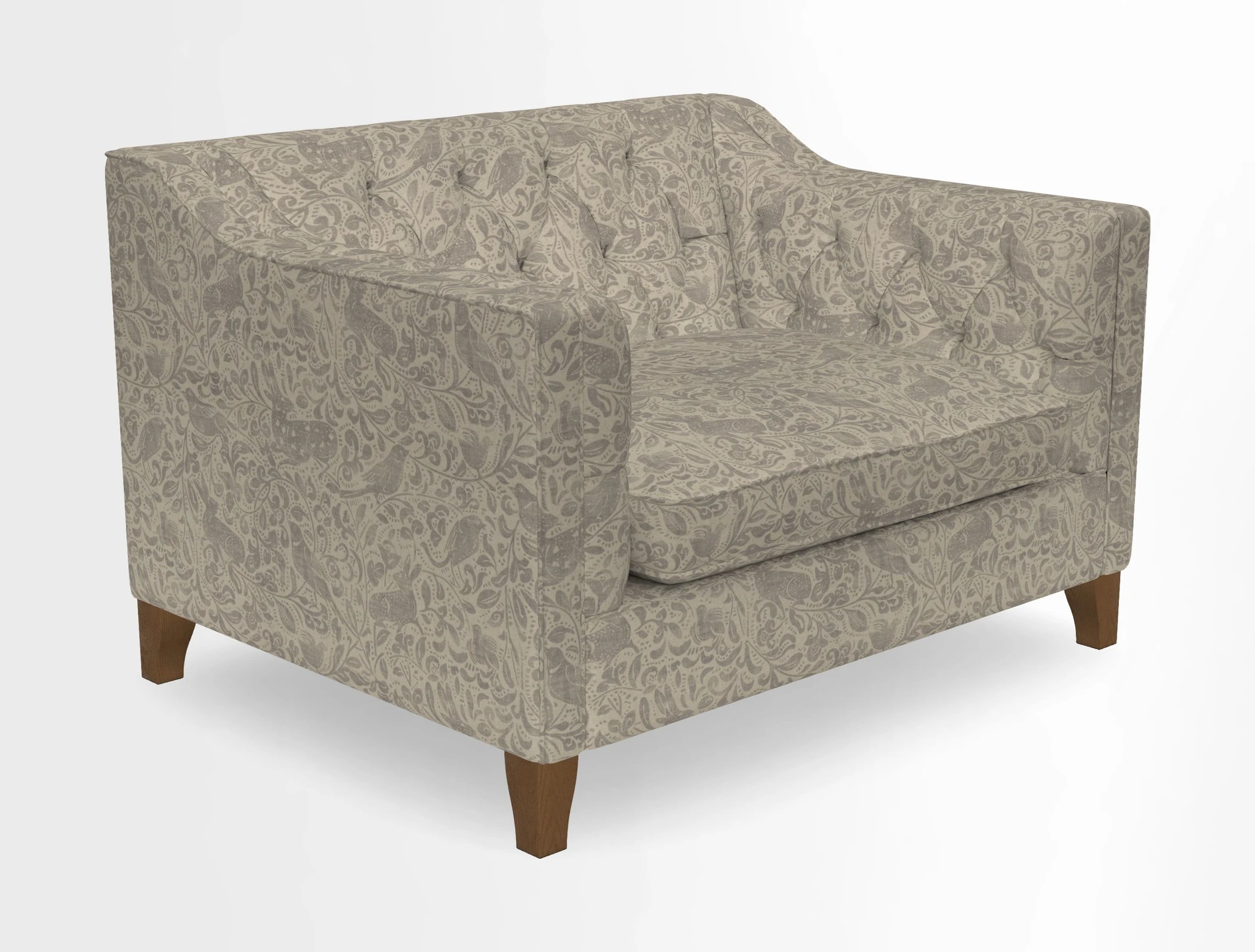 Haresfield Snuggler Dipped Arms in Mohair Lichen Seat Cushion in RHS Gertrude Jekyll Meadow Flower Olive and Scatters in RHS Gertrude Jekyll Folklore Olive