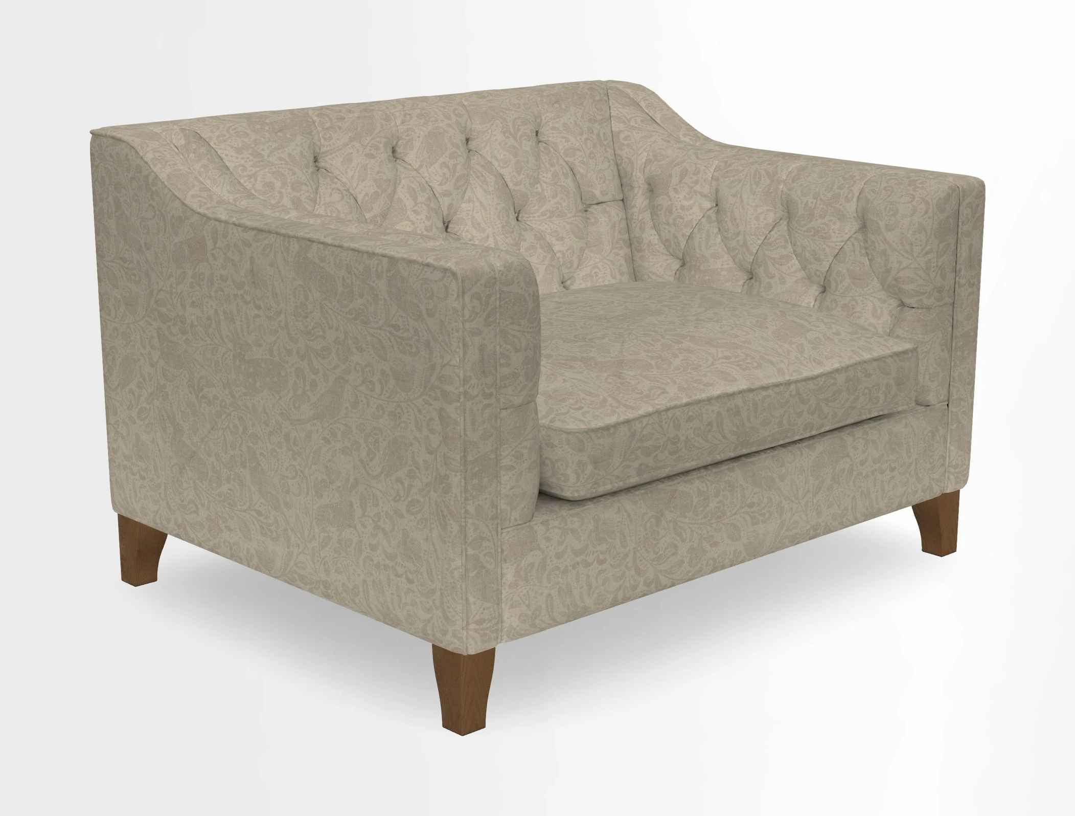 Haresfield Snuggler Dipped Arms in Mohair Lichen Seat Cushion in RHS Gertrude Jekyll Meadow Flower Olive and Scatters in RHS Gertrude Jekyll Folklore Olive
