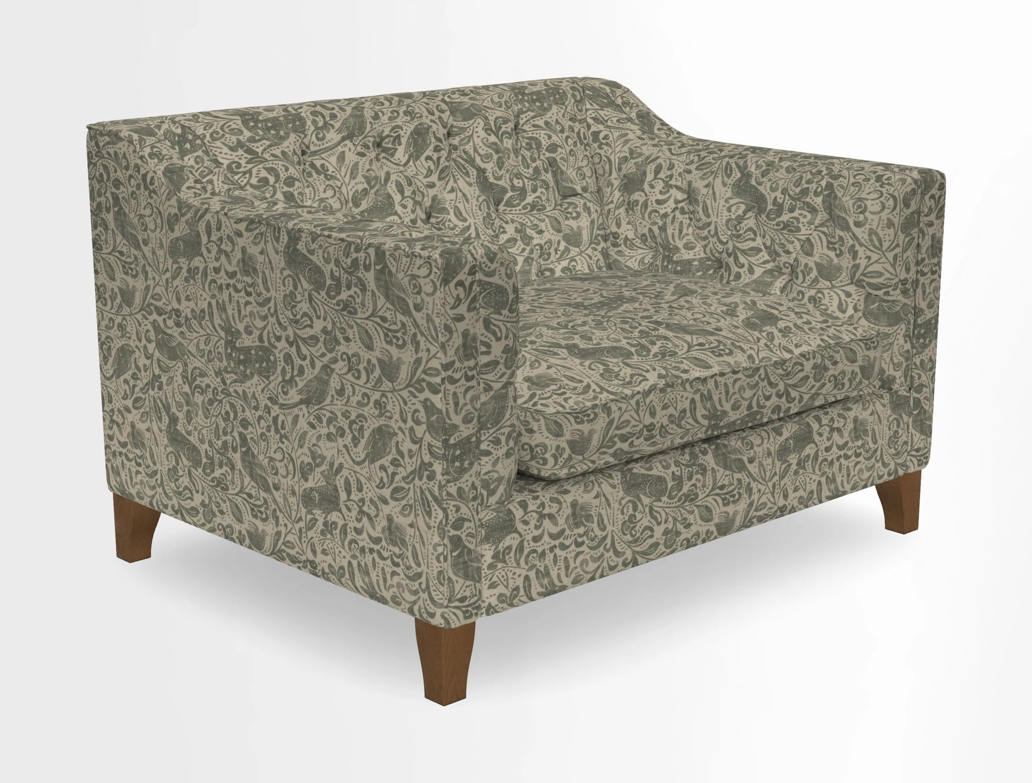 Haresfield Snuggler Dipped Arms in Mohair Lichen Seat Cushion in RHS Gertrude Jekyll Meadow Flower Olive and Scatters in RHS Gertrude Jekyll Folklore Olive