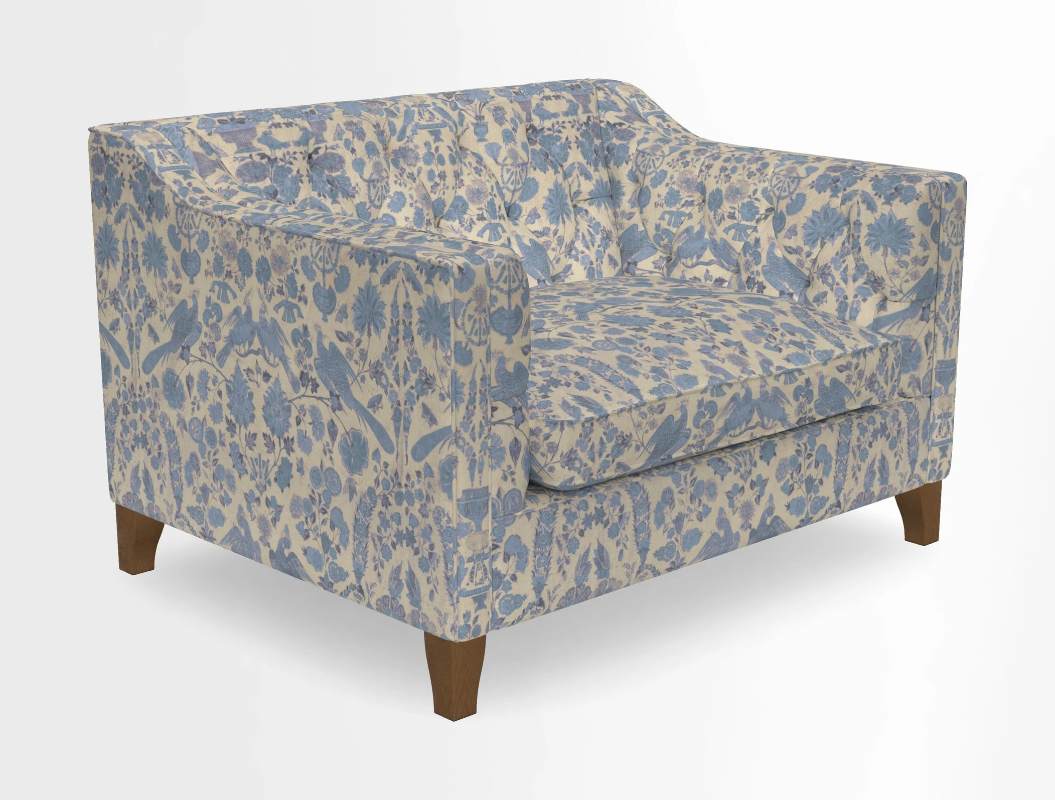 Haresfield Snuggler Dipped Arms in Mohair Lichen Seat Cushion in RHS Gertrude Jekyll Meadow Flower Olive and Scatters in RHS Gertrude Jekyll Folklore Olive