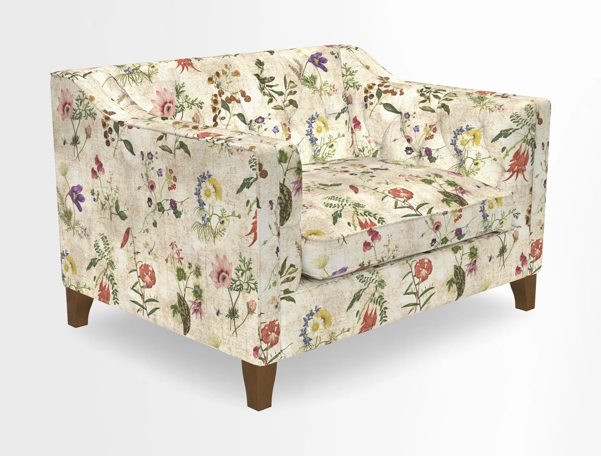 Haresfield Snuggler Dipped Arms in Mohair Lichen Seat Cushion in RHS Gertrude Jekyll Meadow Flower Olive and Scatters in RHS Gertrude Jekyll Folklore Olive