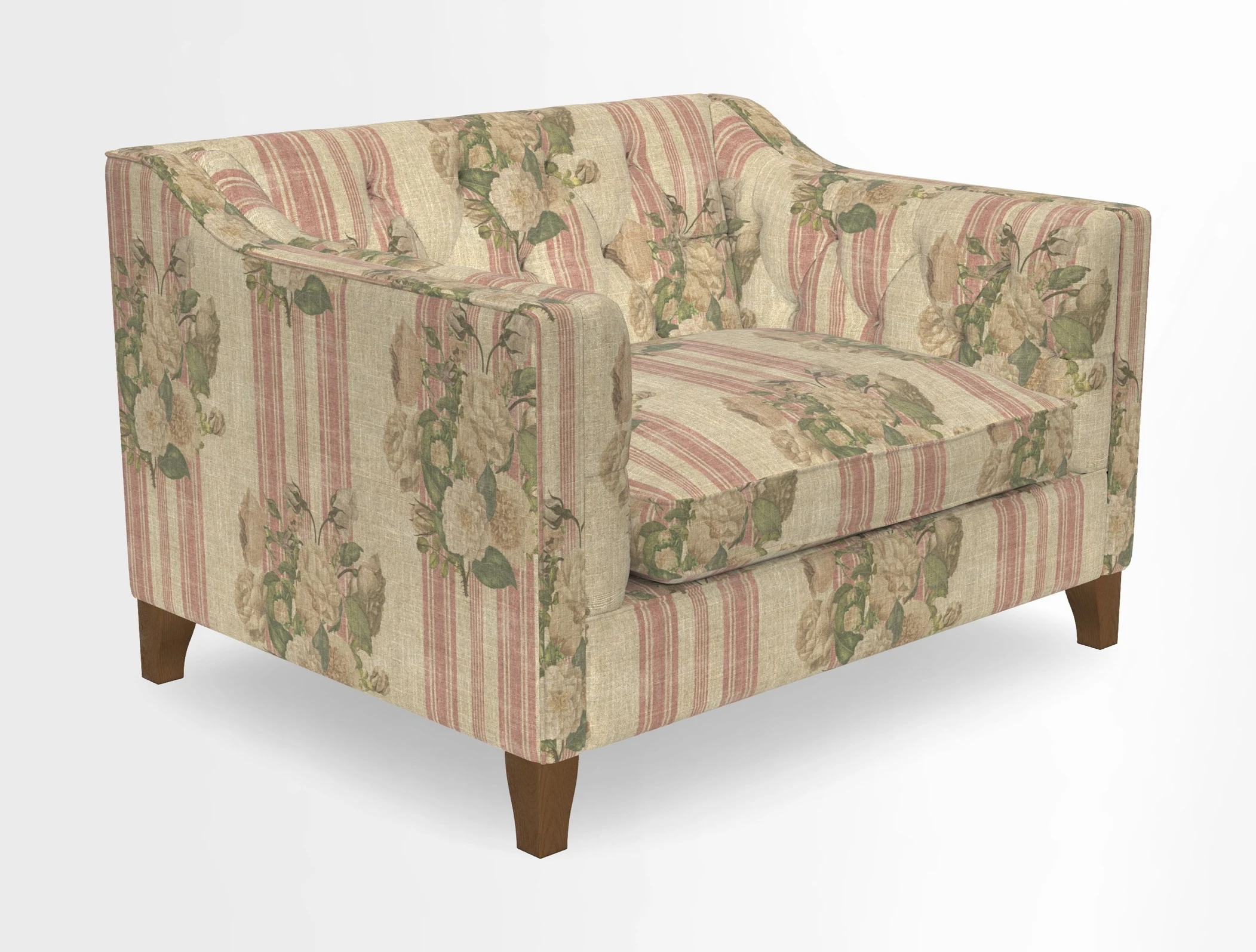 Haresfield Snuggler Dipped Arms in Mohair Lichen Seat Cushion in RHS Gertrude Jekyll Meadow Flower Olive and Scatters in RHS Gertrude Jekyll Folklore Olive