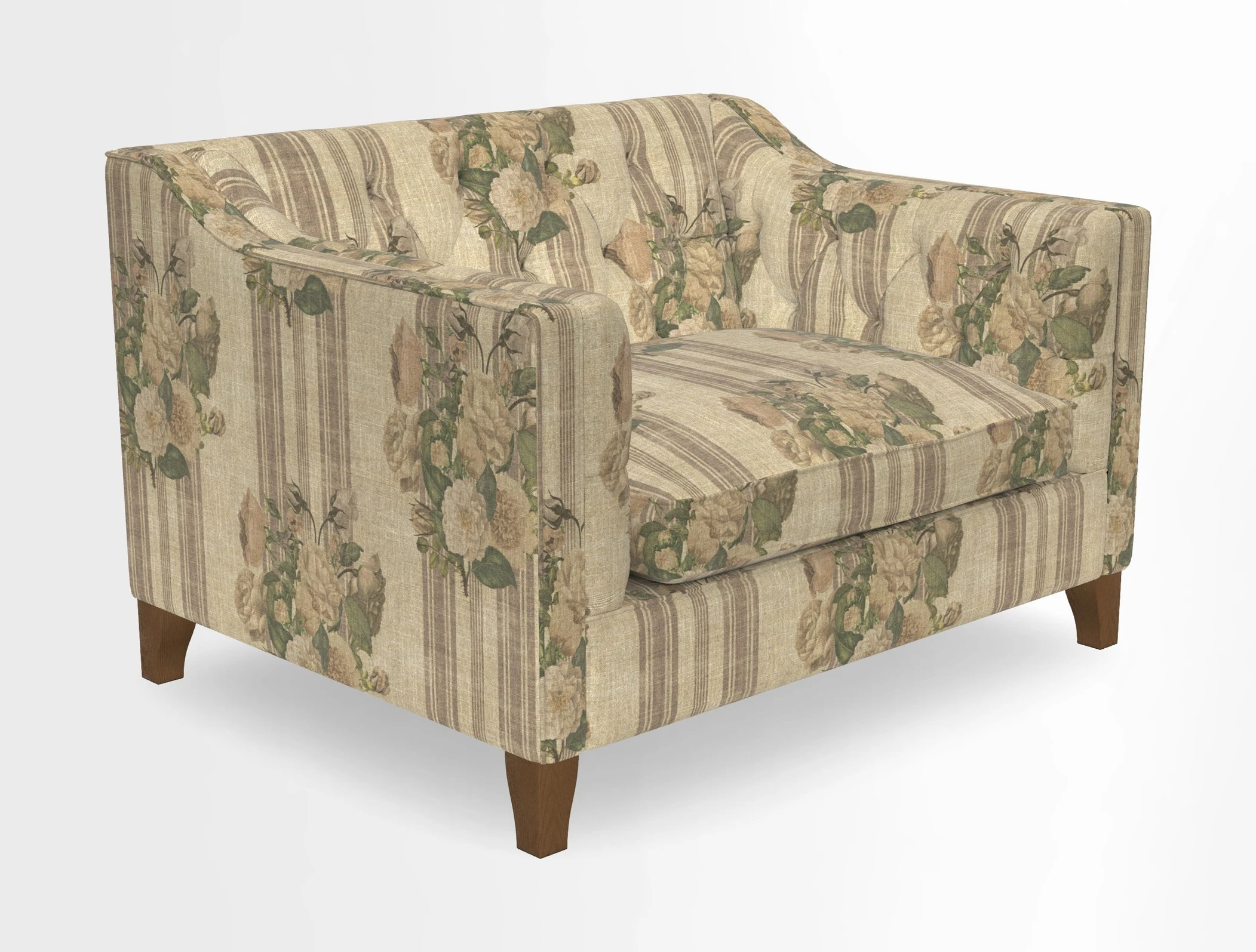 Haresfield Snuggler Dipped Arms in Mohair Lichen Seat Cushion in RHS Gertrude Jekyll Meadow Flower Olive and Scatters in RHS Gertrude Jekyll Folklore Olive