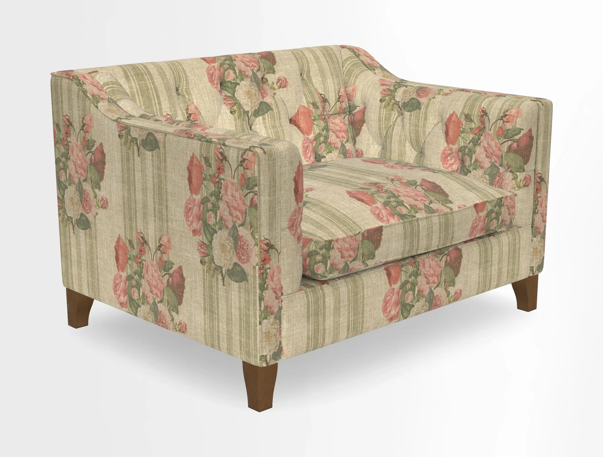 Haresfield Snuggler Dipped Arms in Mohair Lichen Seat Cushion in RHS Gertrude Jekyll Meadow Flower Olive and Scatters in RHS Gertrude Jekyll Folklore Olive