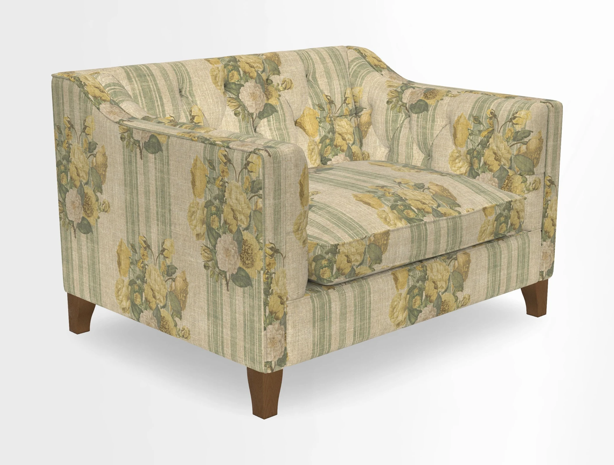 Haresfield Snuggler Dipped Arms in Mohair Lichen Seat Cushion in RHS Gertrude Jekyll Meadow Flower Olive and Scatters in RHS Gertrude Jekyll Folklore Olive