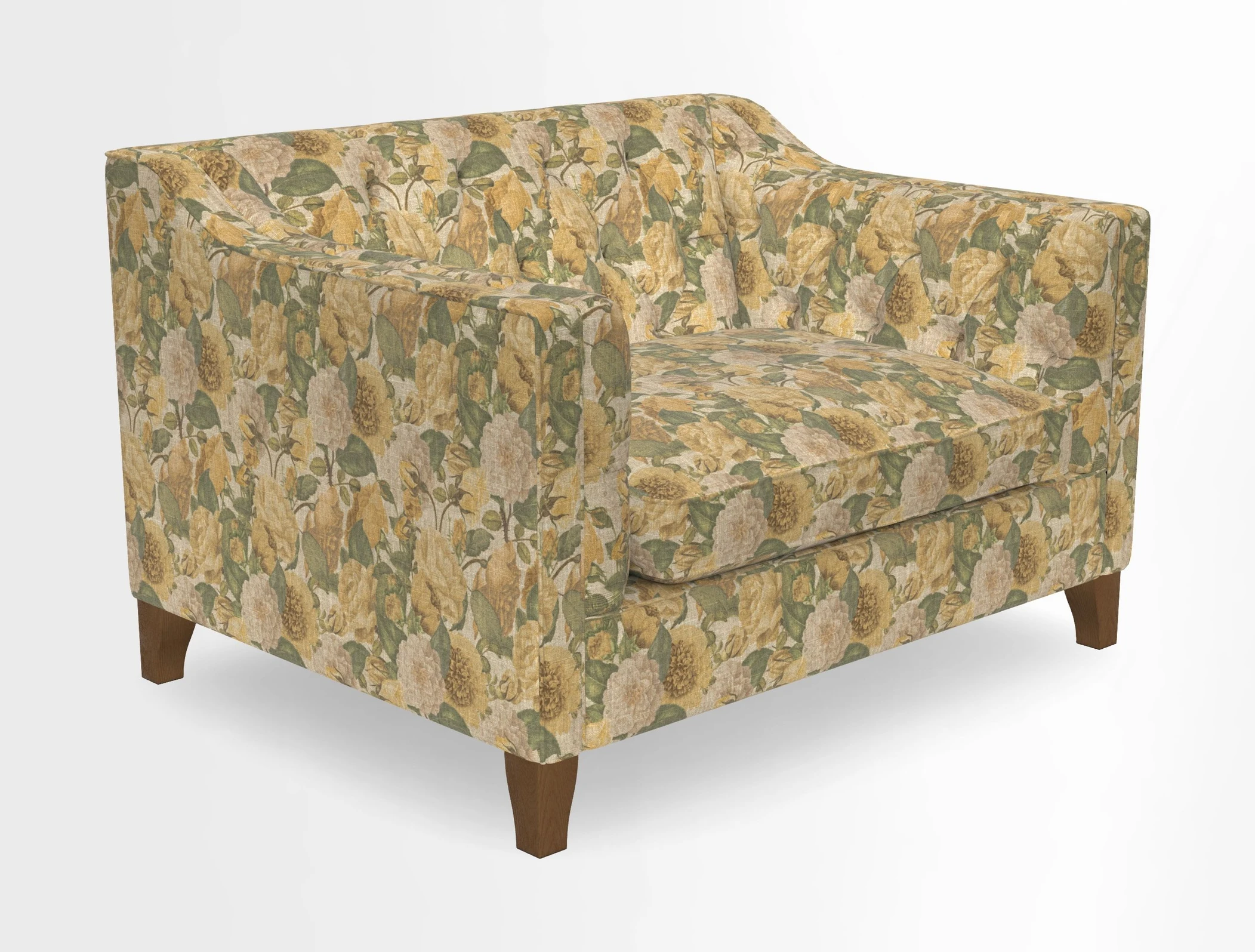 Haresfield Snuggler Dipped Arms in Mohair Lichen Seat Cushion in RHS Gertrude Jekyll Meadow Flower Olive and Scatters in RHS Gertrude Jekyll Folklore Olive