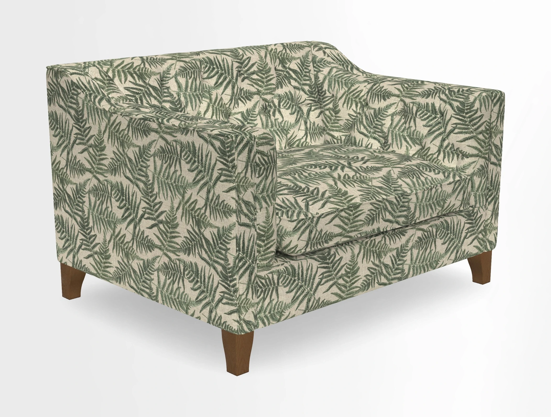 Haresfield Snuggler Dipped Arms in Mohair Lichen Seat Cushion in RHS Gertrude Jekyll Meadow Flower Olive and Scatters in RHS Gertrude Jekyll Folklore Olive