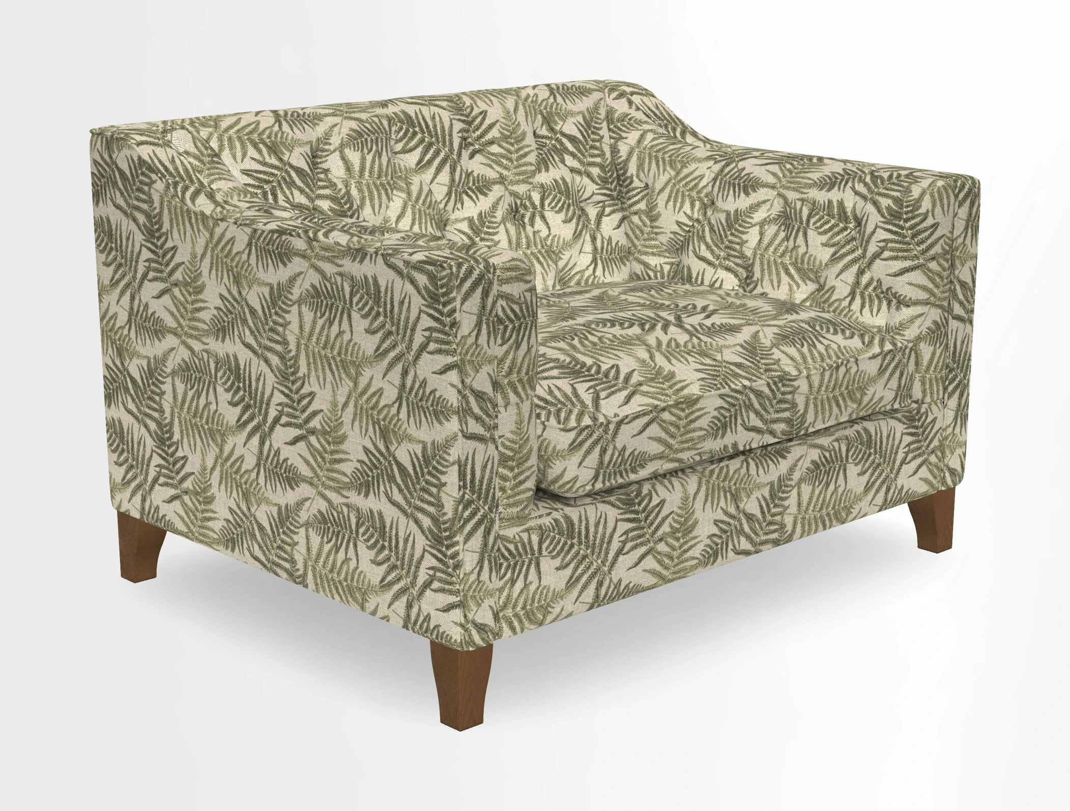 Haresfield Snuggler Dipped Arms in Mohair Lichen Seat Cushion in RHS Gertrude Jekyll Meadow Flower Olive and Scatters in RHS Gertrude Jekyll Folklore Olive