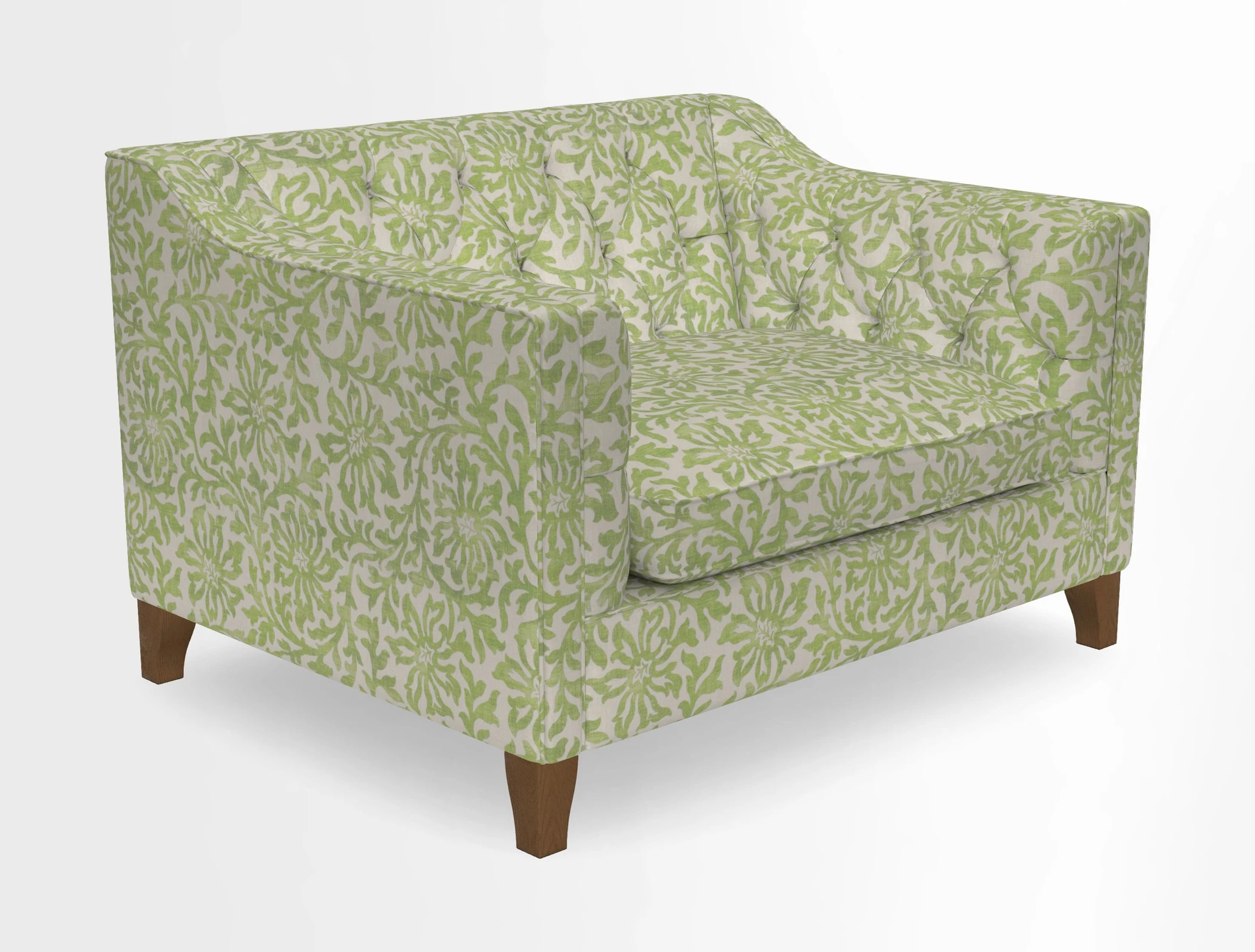 Haresfield Snuggler Dipped Arms in Mohair Lichen Seat Cushion in RHS Gertrude Jekyll Meadow Flower Olive and Scatters in RHS Gertrude Jekyll Folklore Olive