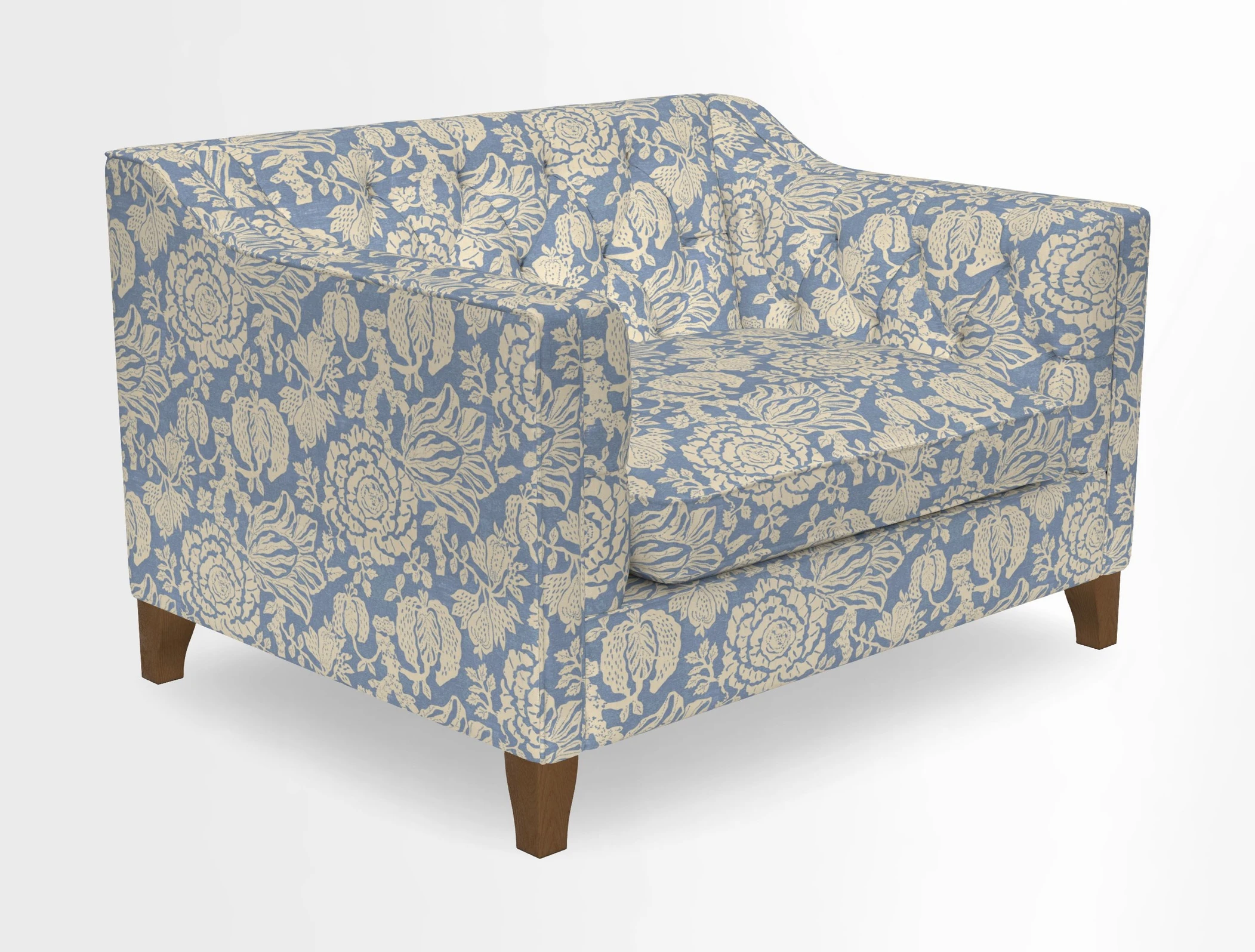 Haresfield Snuggler Dipped Arms in Mohair Lichen Seat Cushion in RHS Gertrude Jekyll Meadow Flower Olive and Scatters in RHS Gertrude Jekyll Folklore Olive