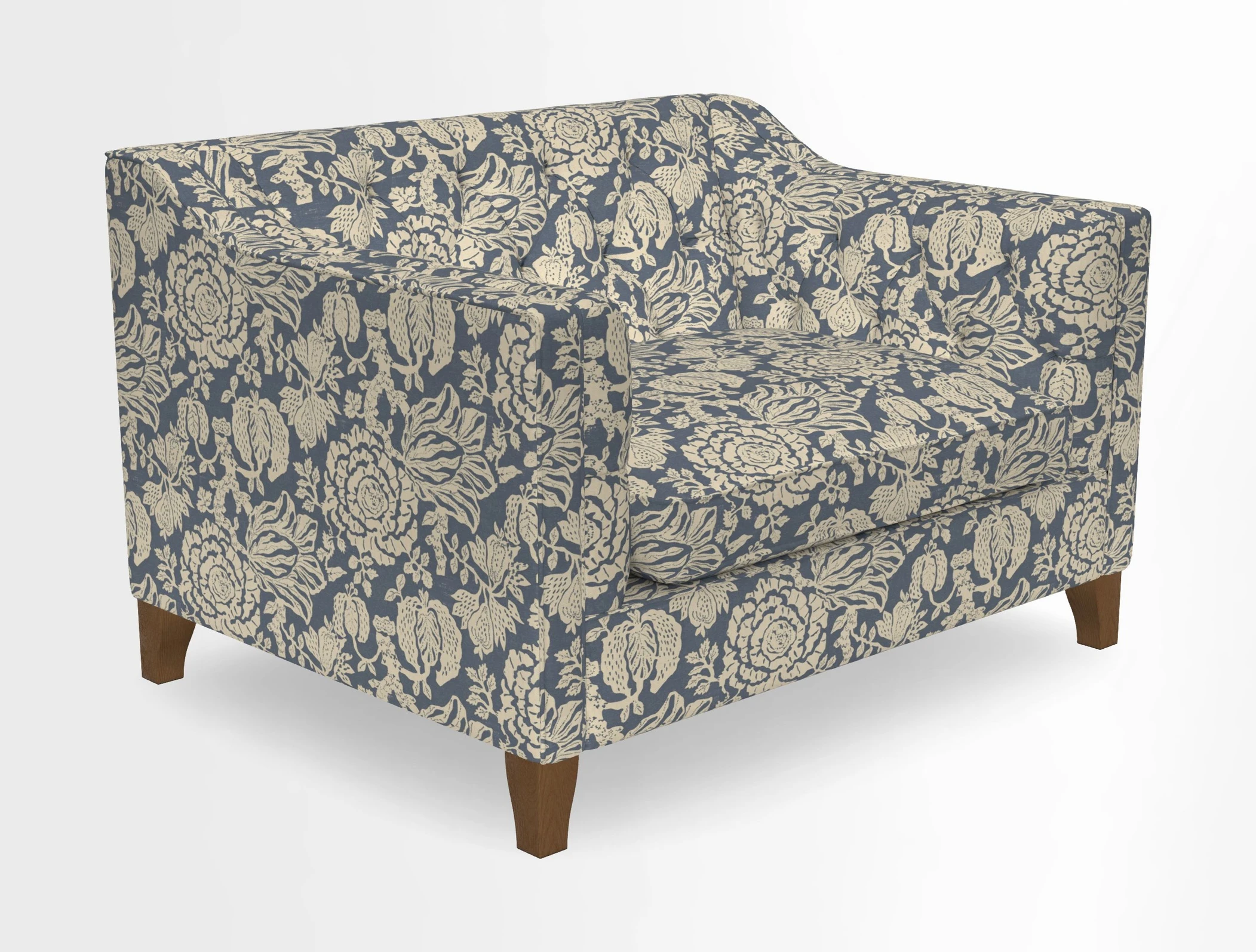 Haresfield Snuggler Dipped Arms in Mohair Lichen Seat Cushion in RHS Gertrude Jekyll Meadow Flower Olive and Scatters in RHS Gertrude Jekyll Folklore Olive