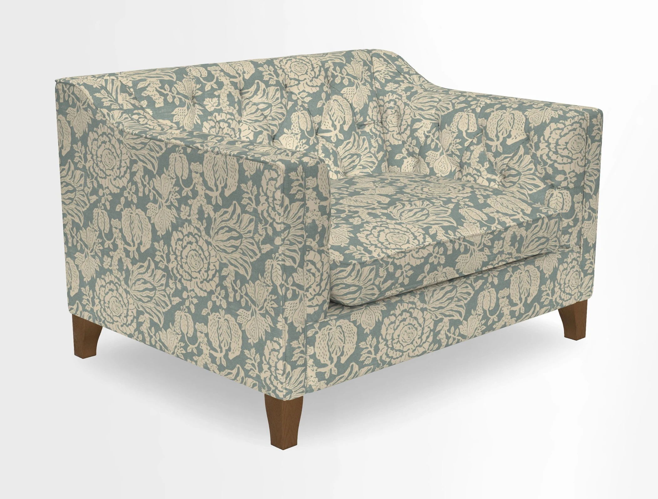 Haresfield Snuggler Dipped Arms in Mohair Lichen Seat Cushion in RHS Gertrude Jekyll Meadow Flower Olive and Scatters in RHS Gertrude Jekyll Folklore Olive