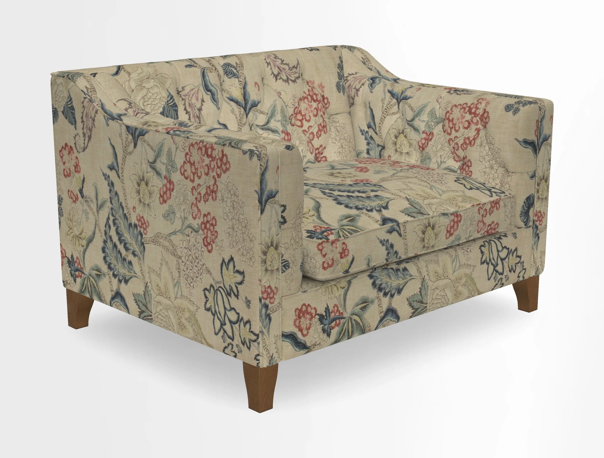 Haresfield Snuggler Dipped Arms in Mohair Lichen Seat Cushion in RHS Gertrude Jekyll Meadow Flower Olive and Scatters in RHS Gertrude Jekyll Folklore Olive