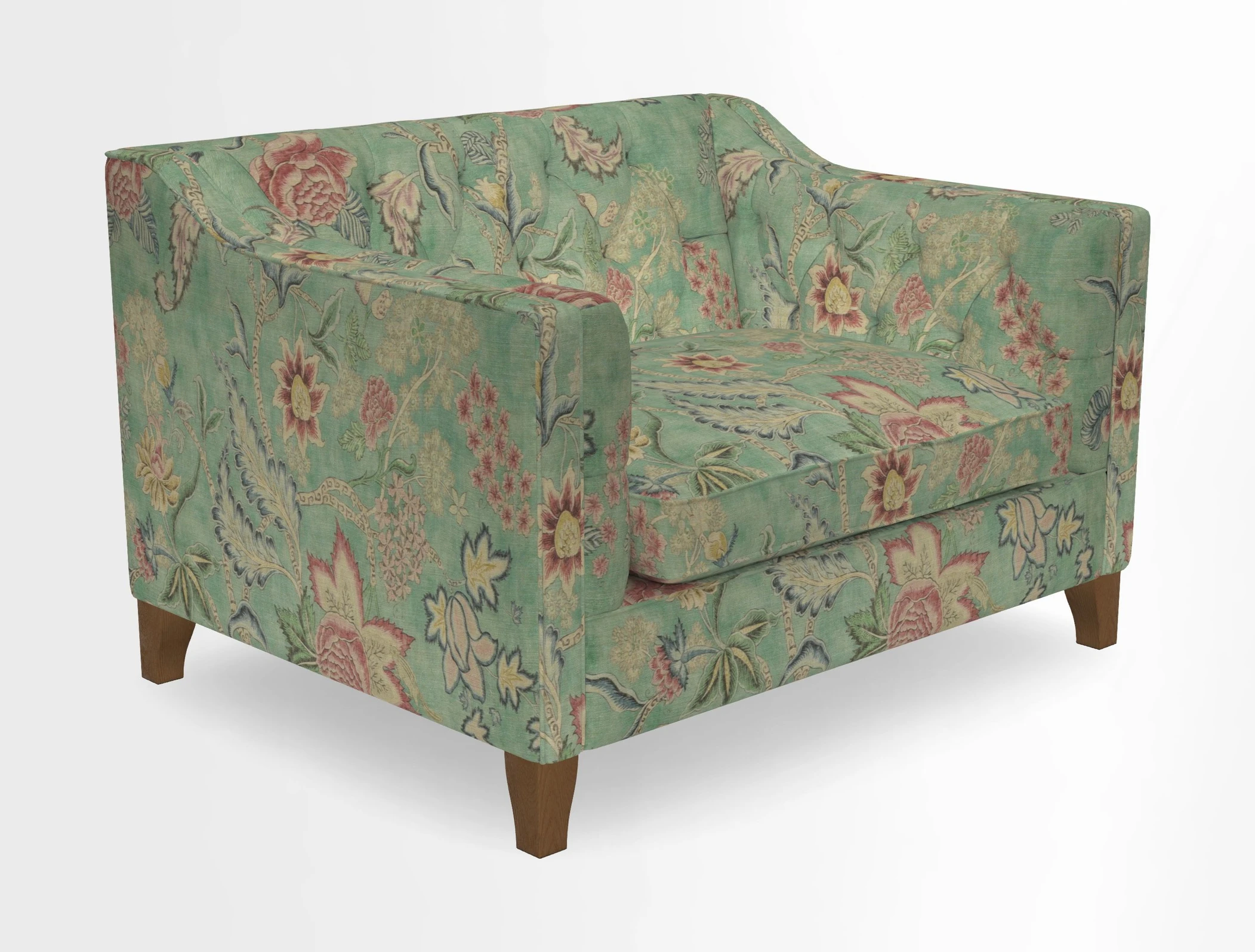 Haresfield Snuggler Dipped Arms in Mohair Lichen Seat Cushion in RHS Gertrude Jekyll Meadow Flower Olive and Scatters in RHS Gertrude Jekyll Folklore Olive