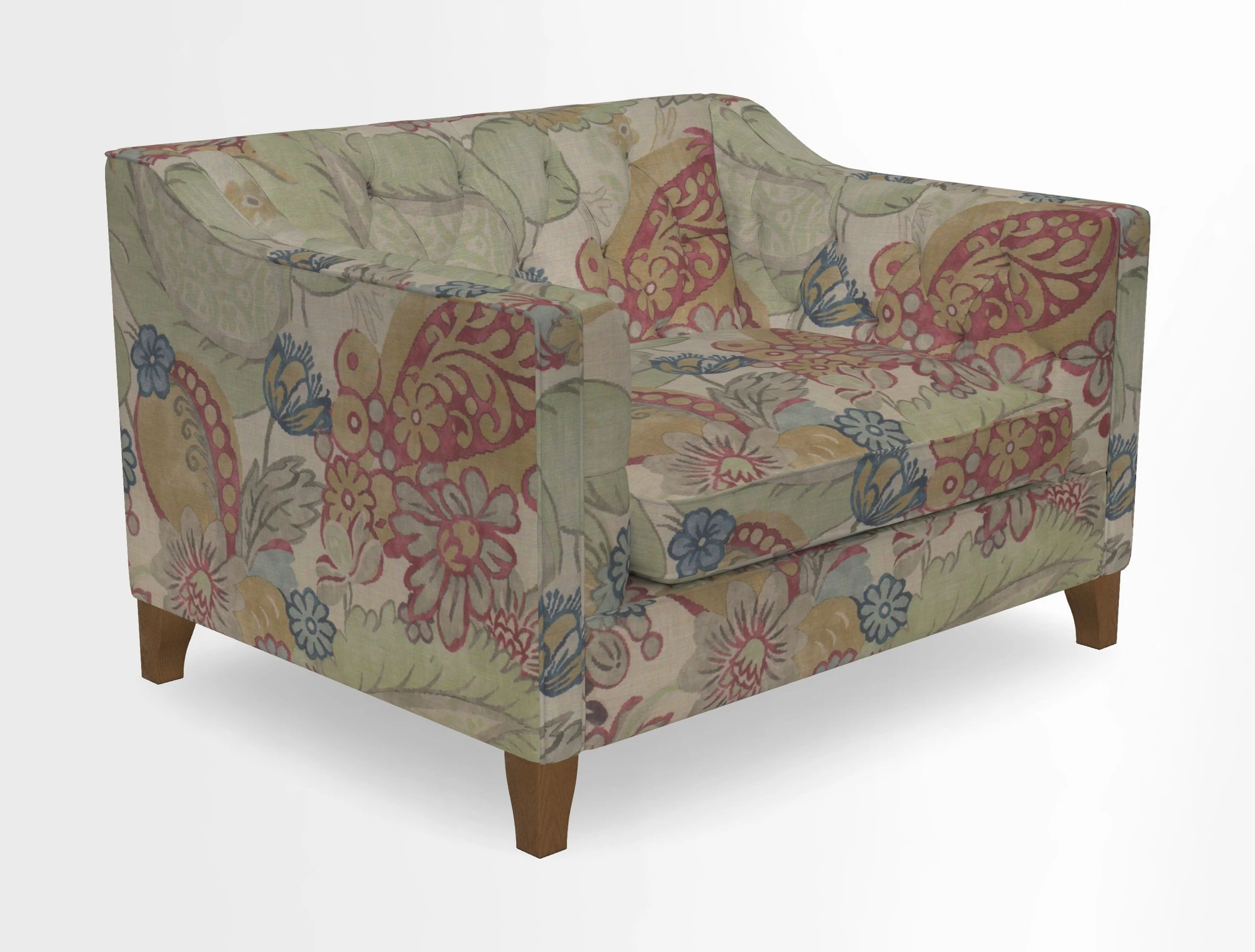 Haresfield Snuggler Dipped Arms in Mohair Lichen Seat Cushion in RHS Gertrude Jekyll Meadow Flower Olive and Scatters in RHS Gertrude Jekyll Folklore Olive