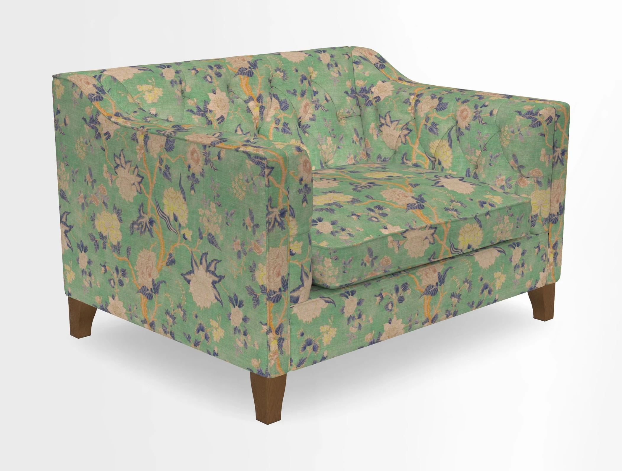 Haresfield Snuggler Dipped Arms in Mohair Lichen Seat Cushion in RHS Gertrude Jekyll Meadow Flower Olive and Scatters in RHS Gertrude Jekyll Folklore Olive