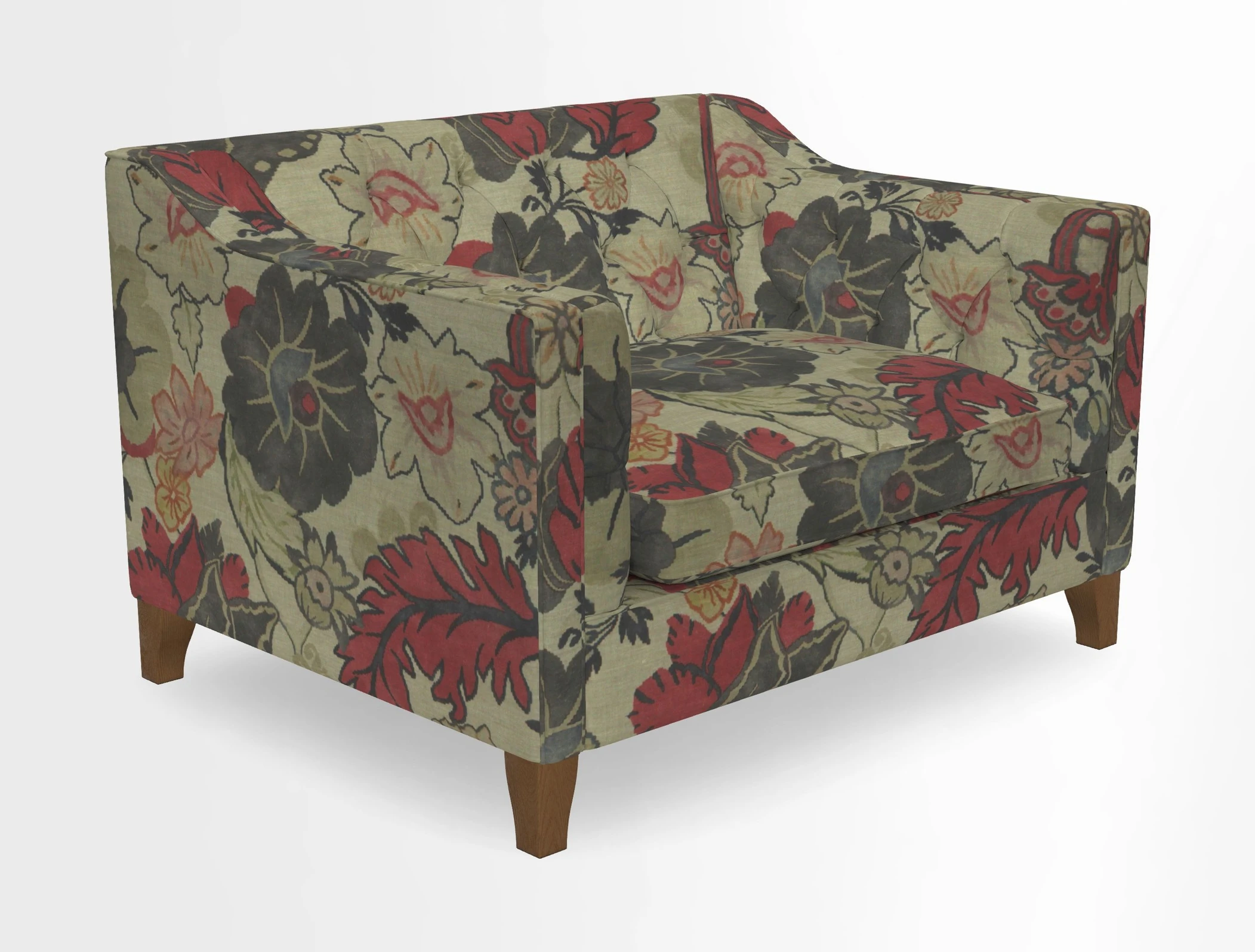 Haresfield Snuggler Dipped Arms in Mohair Lichen Seat Cushion in RHS Gertrude Jekyll Meadow Flower Olive and Scatters in RHS Gertrude Jekyll Folklore Olive