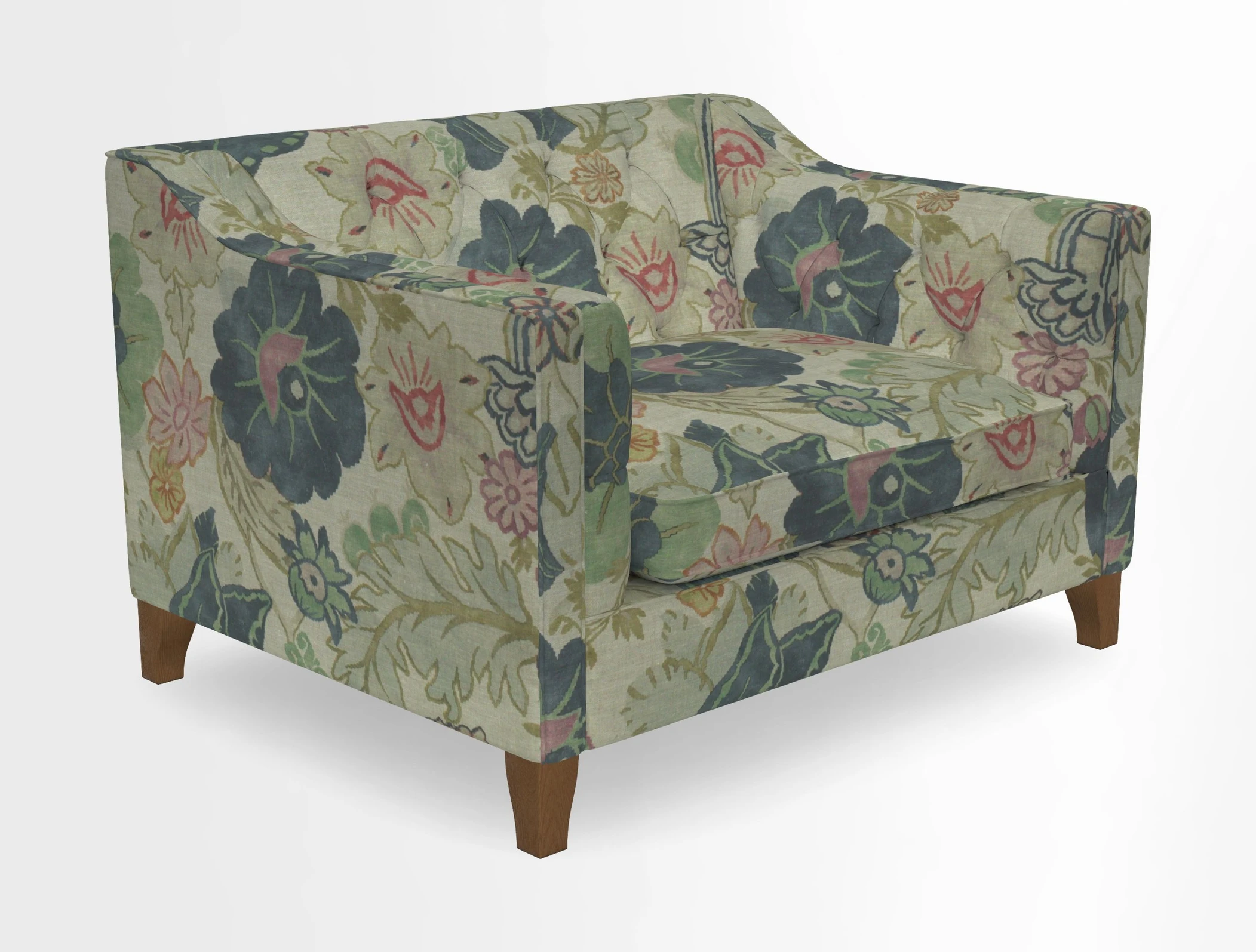 Haresfield Snuggler Dipped Arms in Mohair Lichen Seat Cushion in RHS Gertrude Jekyll Meadow Flower Olive and Scatters in RHS Gertrude Jekyll Folklore Olive