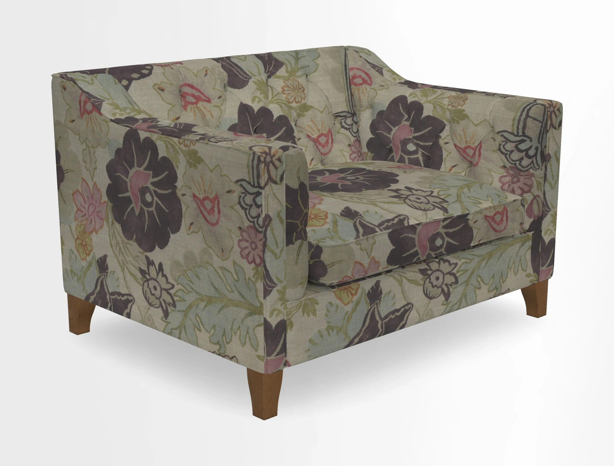 Haresfield Snuggler Dipped Arms in Mohair Lichen Seat Cushion in RHS Gertrude Jekyll Meadow Flower Olive and Scatters in RHS Gertrude Jekyll Folklore Olive