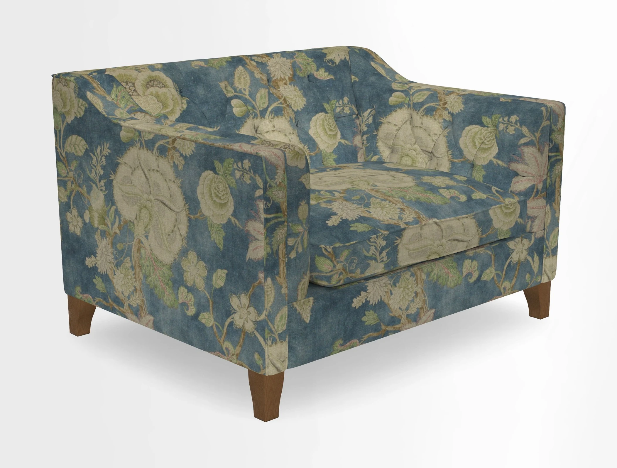 Haresfield Snuggler Dipped Arms in Mohair Lichen Seat Cushion in RHS Gertrude Jekyll Meadow Flower Olive and Scatters in RHS Gertrude Jekyll Folklore Olive