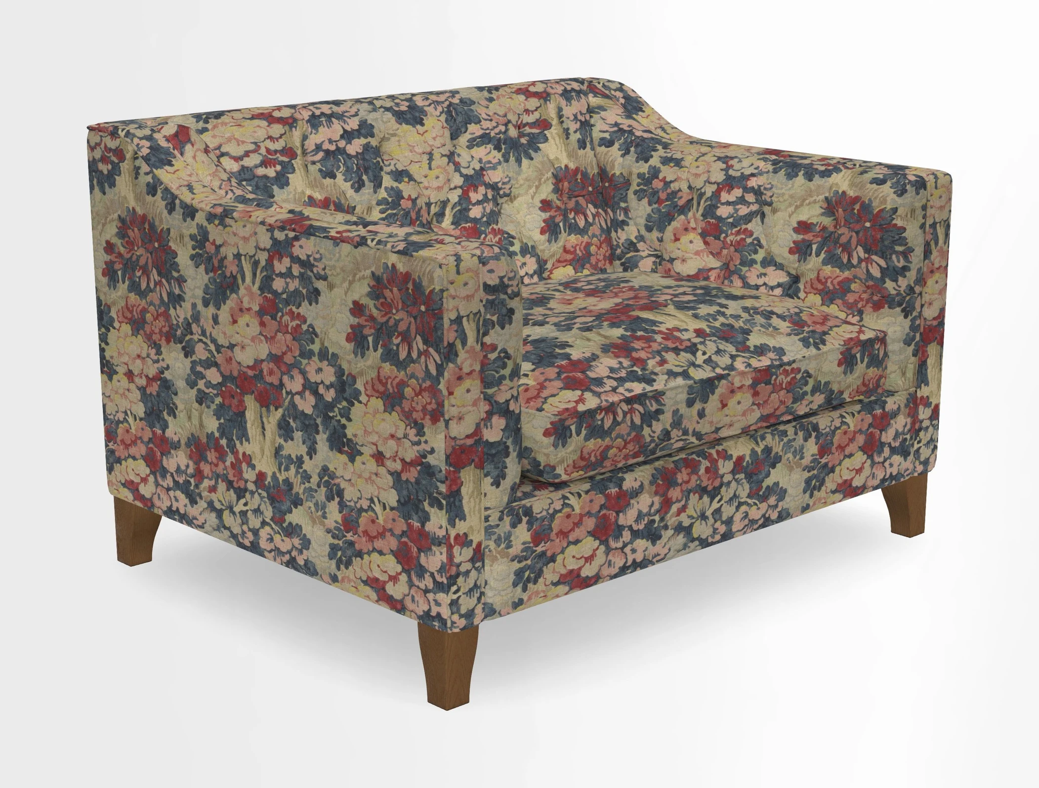 Haresfield Snuggler Dipped Arms in Mohair Lichen Seat Cushion in RHS Gertrude Jekyll Meadow Flower Olive and Scatters in RHS Gertrude Jekyll Folklore Olive