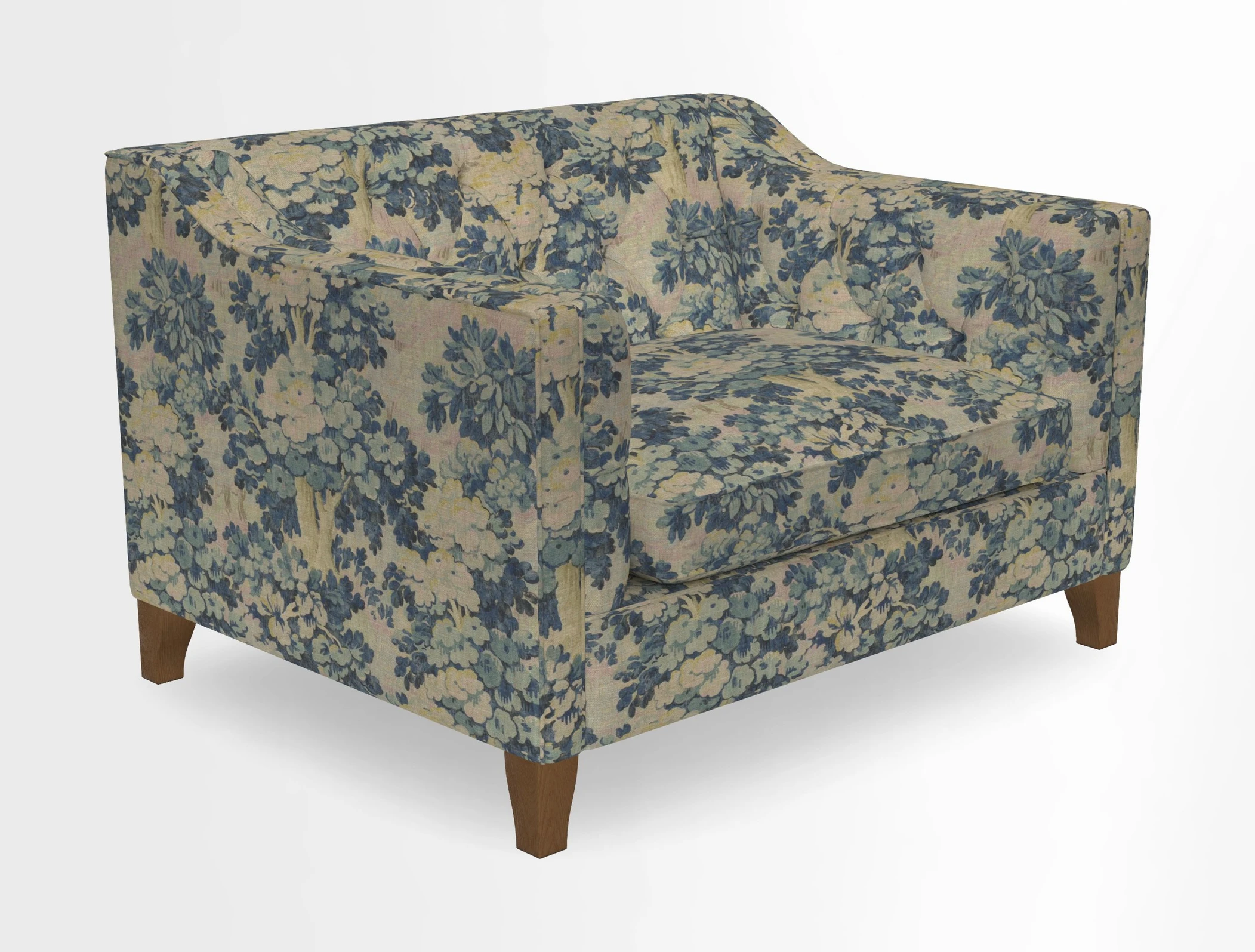 Haresfield Snuggler Dipped Arms in Mohair Lichen Seat Cushion in RHS Gertrude Jekyll Meadow Flower Olive and Scatters in RHS Gertrude Jekyll Folklore Olive