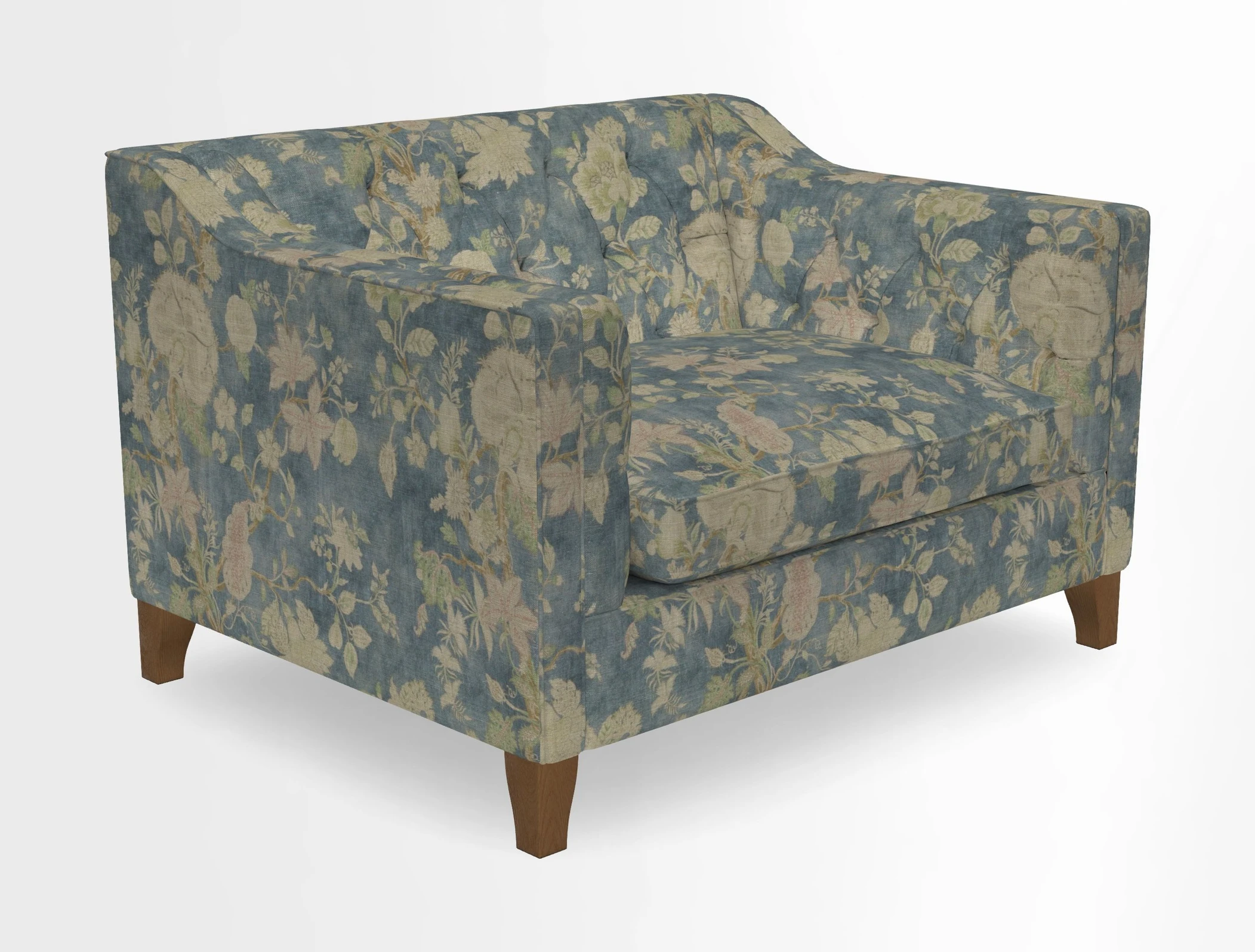 Haresfield Snuggler Dipped Arms in Mohair Lichen Seat Cushion in RHS Gertrude Jekyll Meadow Flower Olive and Scatters in RHS Gertrude Jekyll Folklore Olive