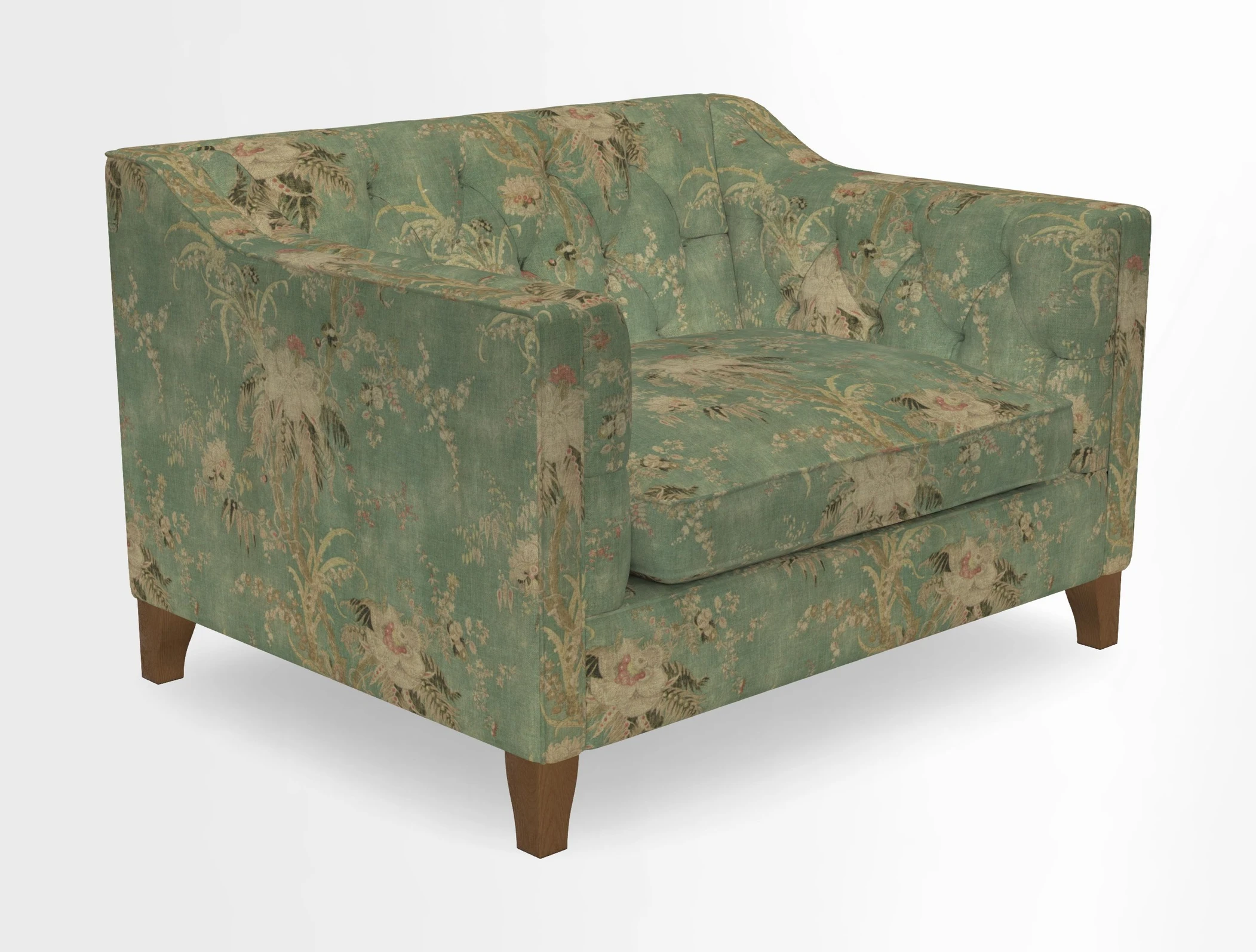 Haresfield Snuggler Dipped Arms in Mohair Lichen Seat Cushion in RHS Gertrude Jekyll Meadow Flower Olive and Scatters in RHS Gertrude Jekyll Folklore Olive