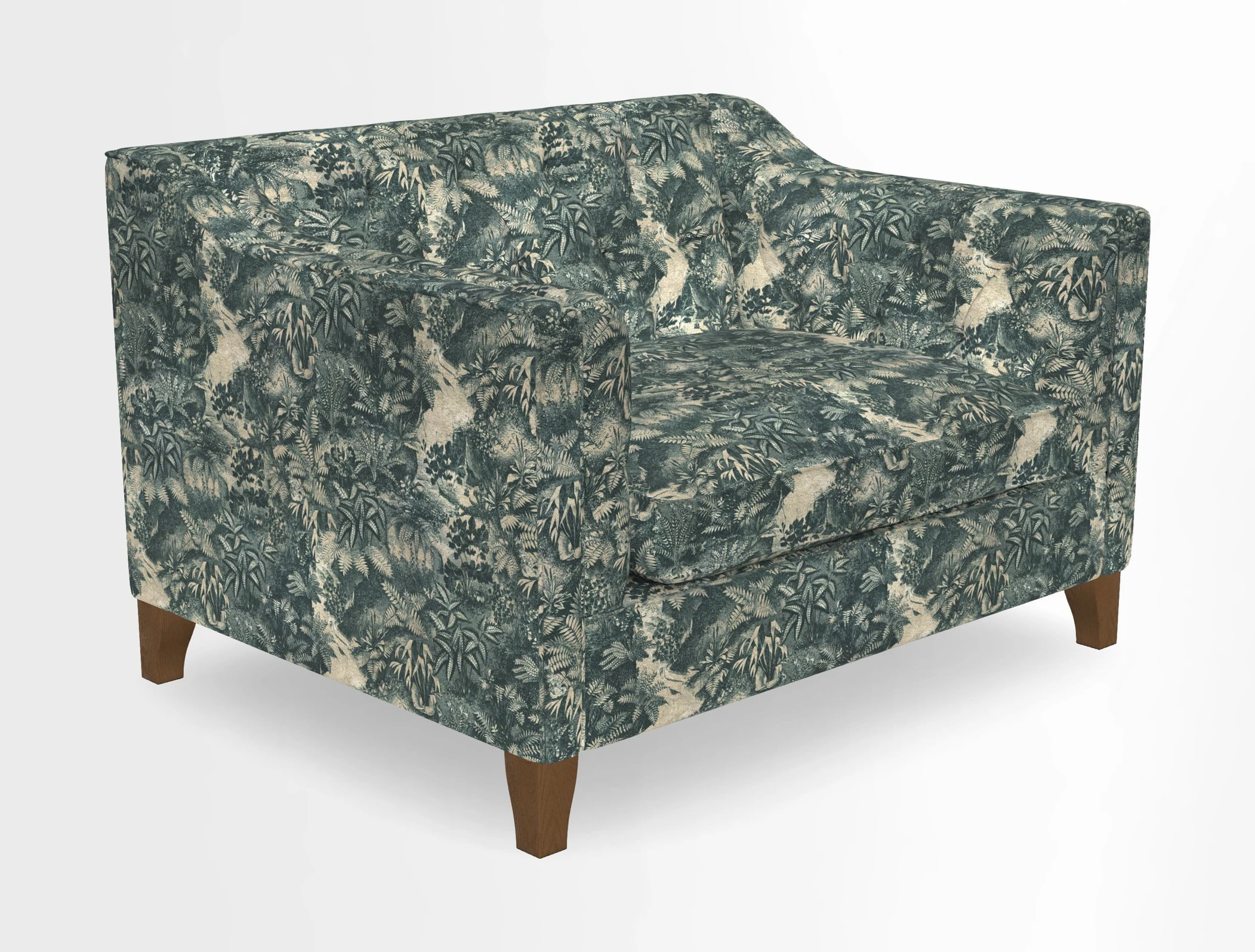 Haresfield Snuggler Dipped Arms in Mohair Lichen Seat Cushion in RHS Gertrude Jekyll Meadow Flower Olive and Scatters in RHS Gertrude Jekyll Folklore Olive