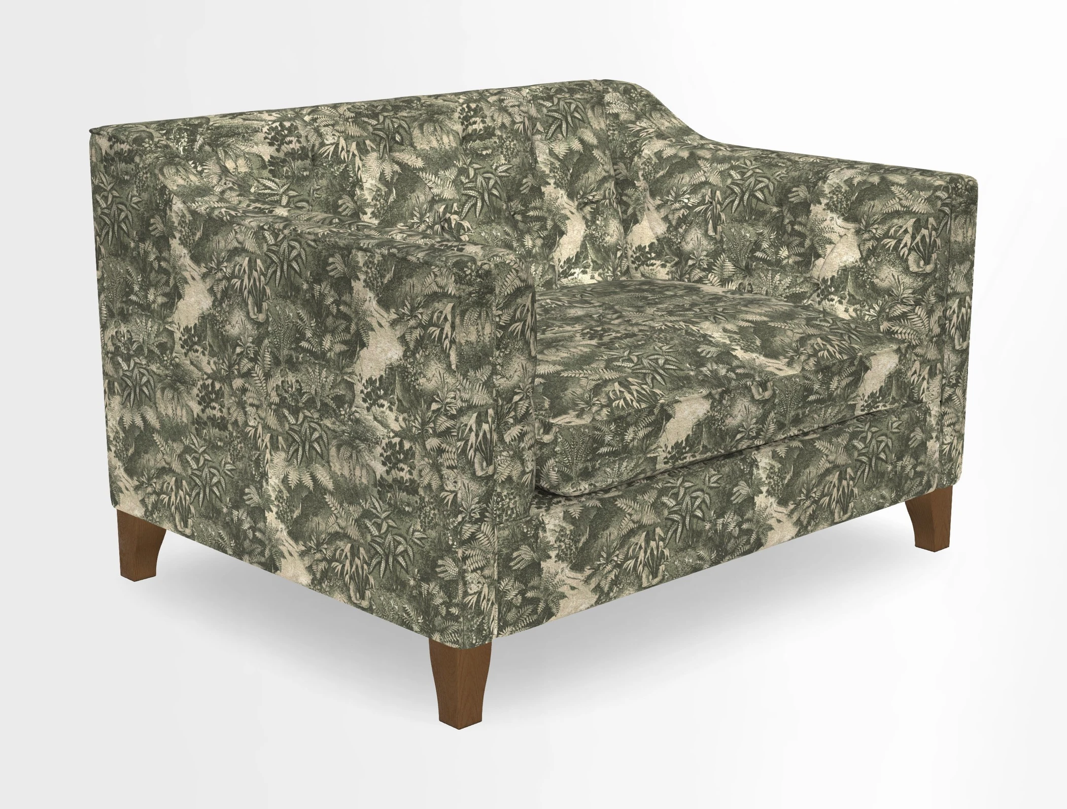Haresfield Snuggler Dipped Arms in Mohair Lichen Seat Cushion in RHS Gertrude Jekyll Meadow Flower Olive and Scatters in RHS Gertrude Jekyll Folklore Olive