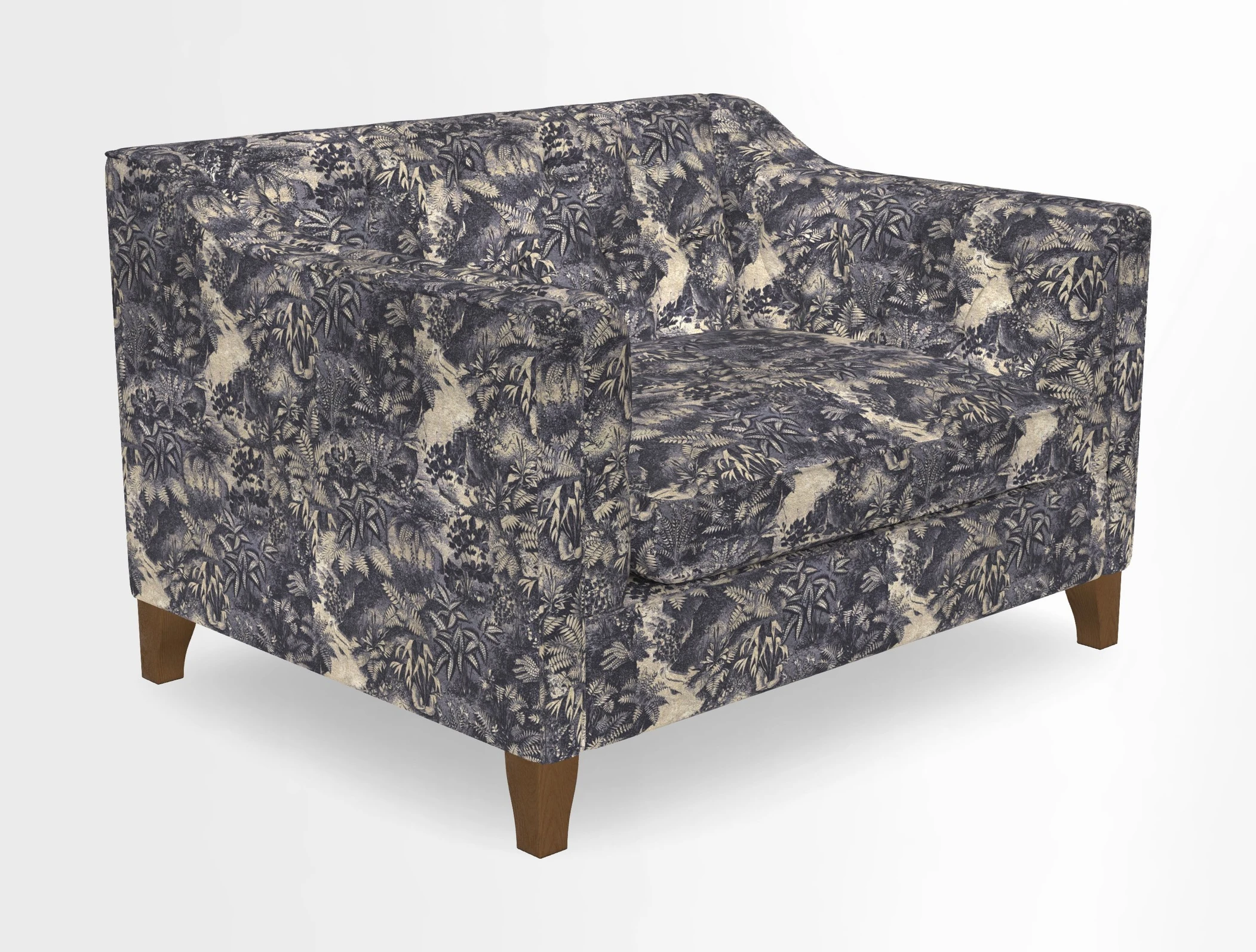 Haresfield Snuggler Dipped Arms in Mohair Lichen Seat Cushion in RHS Gertrude Jekyll Meadow Flower Olive and Scatters in RHS Gertrude Jekyll Folklore Olive