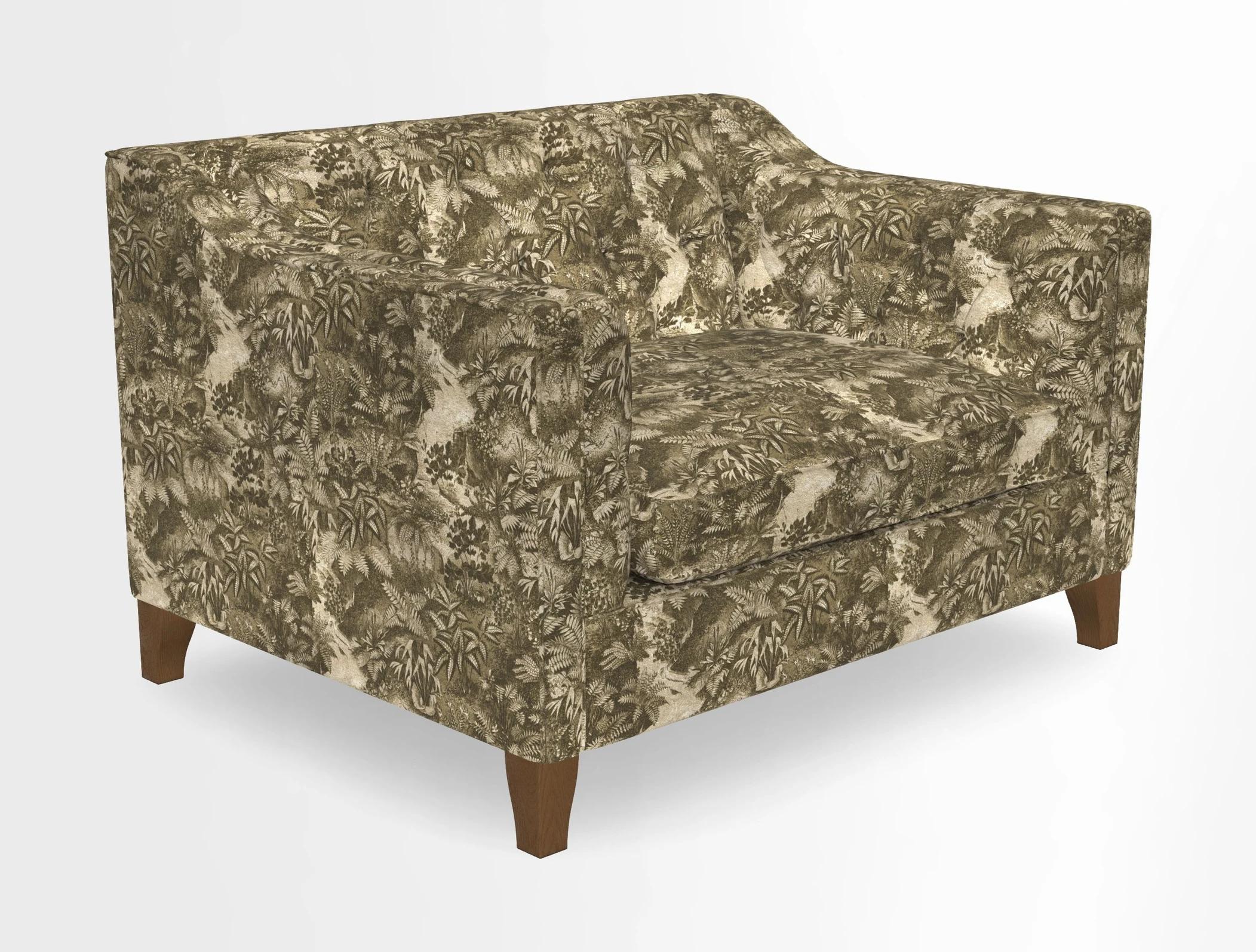 Haresfield Snuggler Dipped Arms in Mohair Lichen Seat Cushion in RHS Gertrude Jekyll Meadow Flower Olive and Scatters in RHS Gertrude Jekyll Folklore Olive