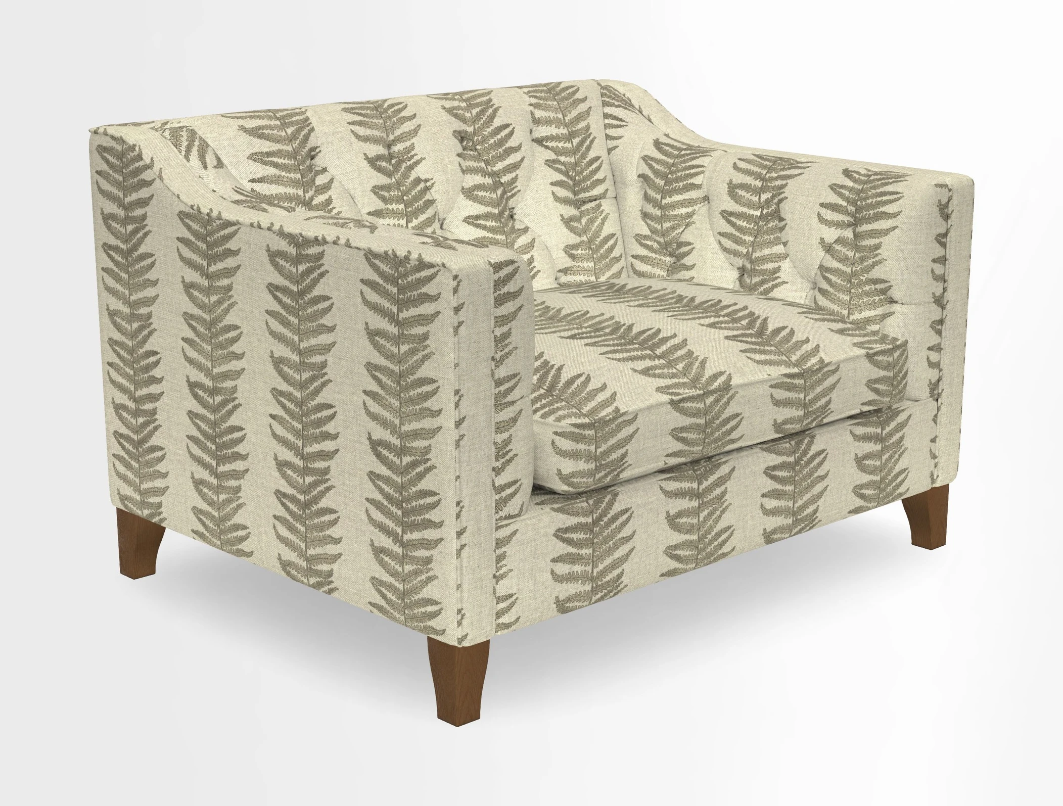 Haresfield Snuggler Dipped Arms in Mohair Lichen Seat Cushion in RHS Gertrude Jekyll Meadow Flower Olive and Scatters in RHS Gertrude Jekyll Folklore Olive