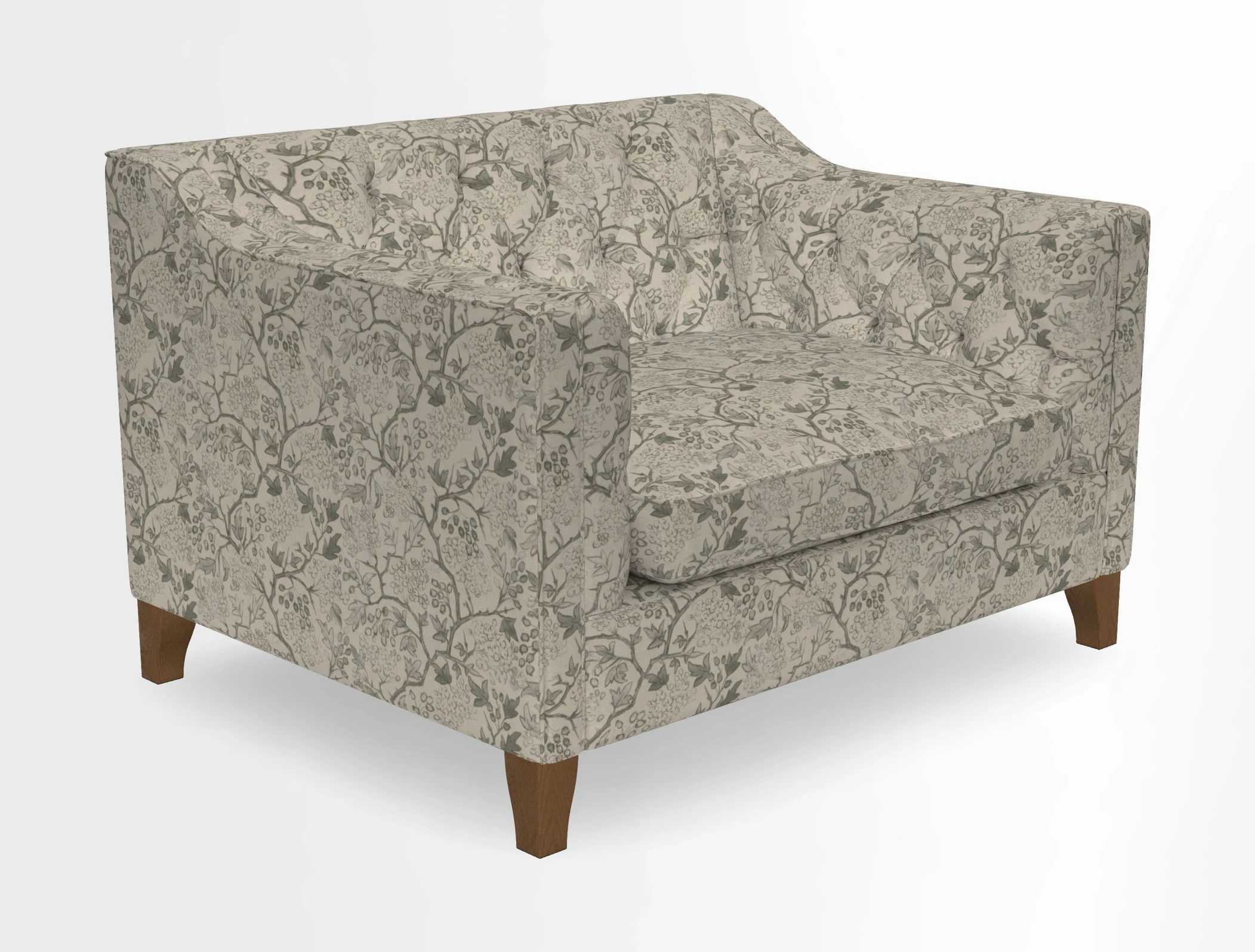 Haresfield Snuggler Dipped Arms in Mohair Lichen Seat Cushion in RHS Gertrude Jekyll Meadow Flower Olive and Scatters in RHS Gertrude Jekyll Folklore Olive