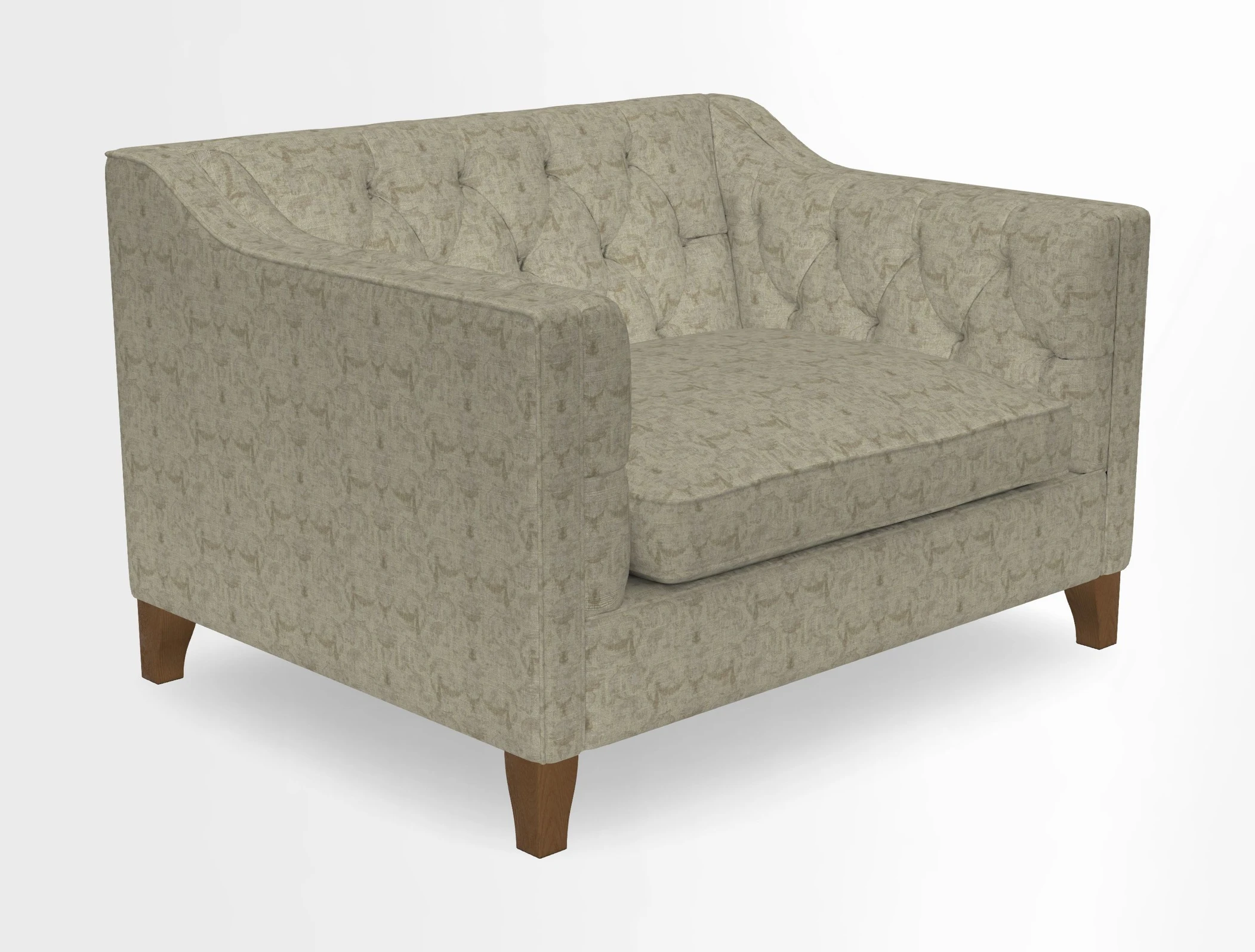 Haresfield Snuggler Dipped Arms in Mohair Lichen Seat Cushion in RHS Gertrude Jekyll Meadow Flower Olive and Scatters in RHS Gertrude Jekyll Folklore Olive