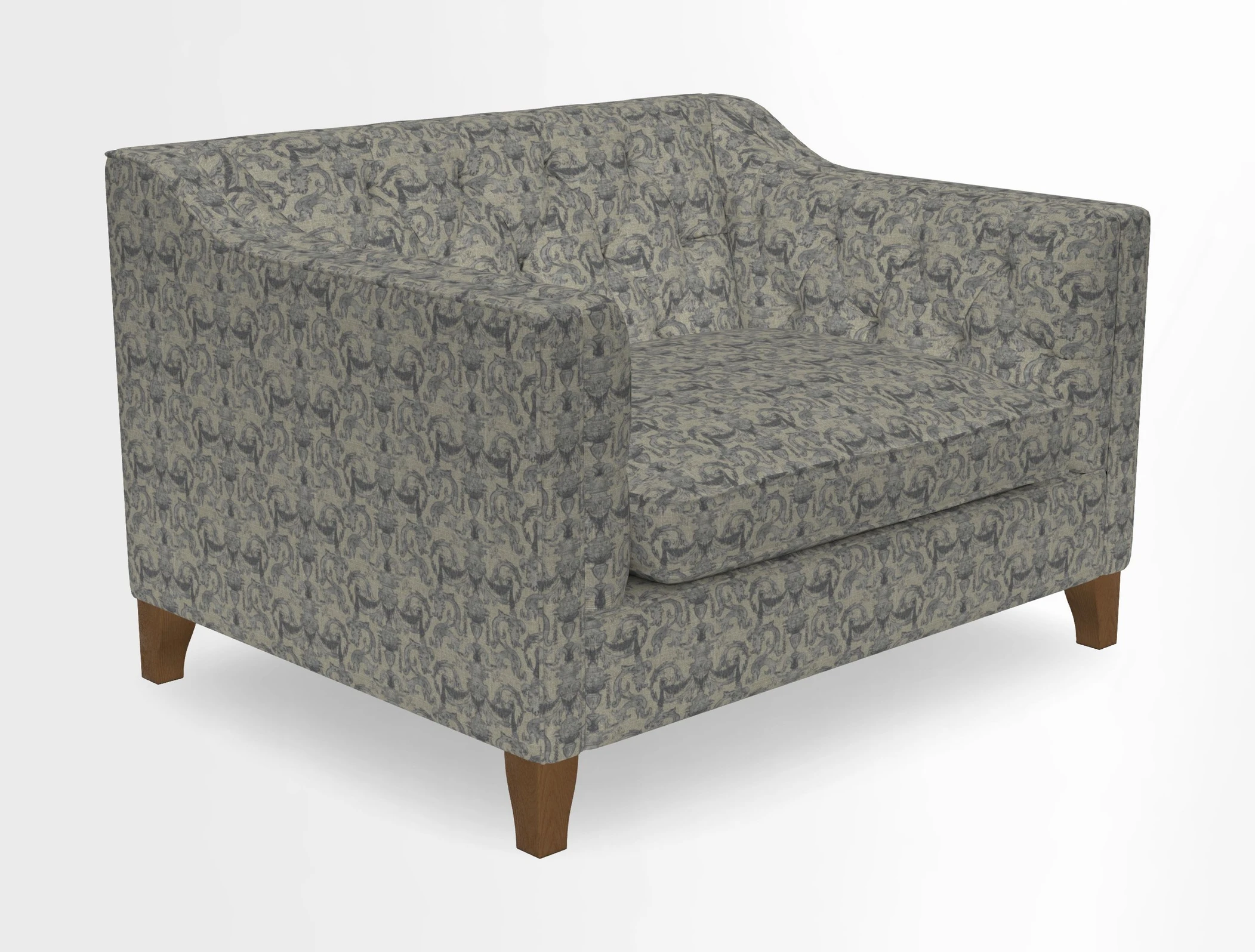 Haresfield Snuggler Dipped Arms in Mohair Lichen Seat Cushion in RHS Gertrude Jekyll Meadow Flower Olive and Scatters in RHS Gertrude Jekyll Folklore Olive