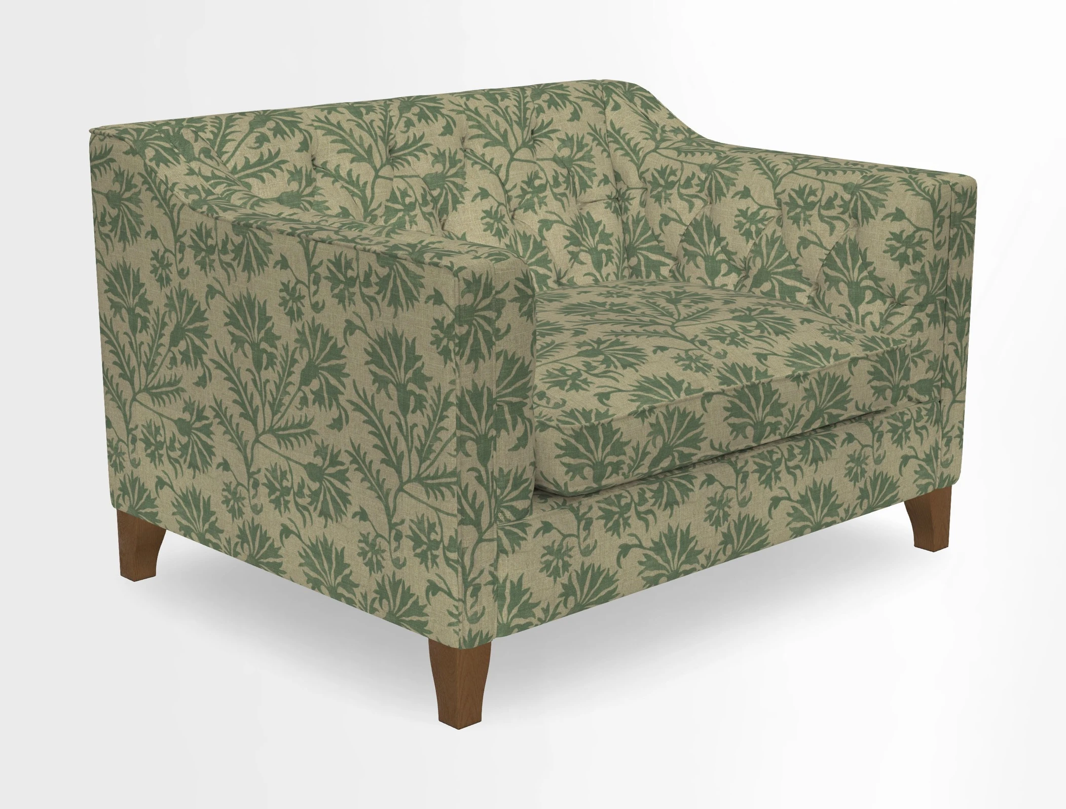 Haresfield Snuggler Dipped Arms in Mohair Lichen Seat Cushion in RHS Gertrude Jekyll Meadow Flower Olive and Scatters in RHS Gertrude Jekyll Folklore Olive