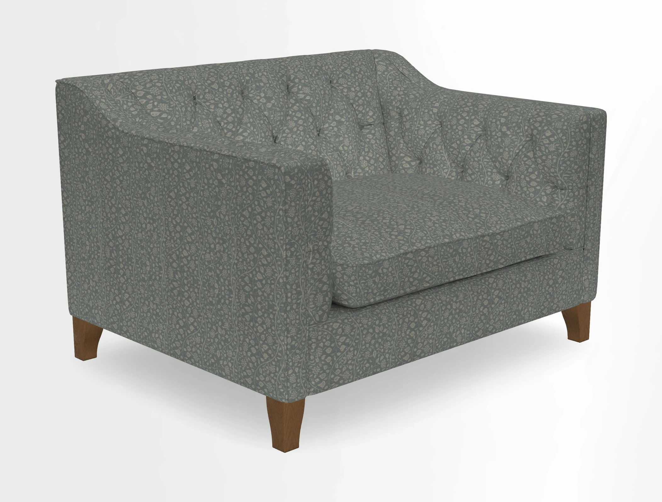Haresfield Snuggler Dipped Arms in Mohair Lichen Seat Cushion in RHS Gertrude Jekyll Meadow Flower Olive and Scatters in RHS Gertrude Jekyll Folklore Olive