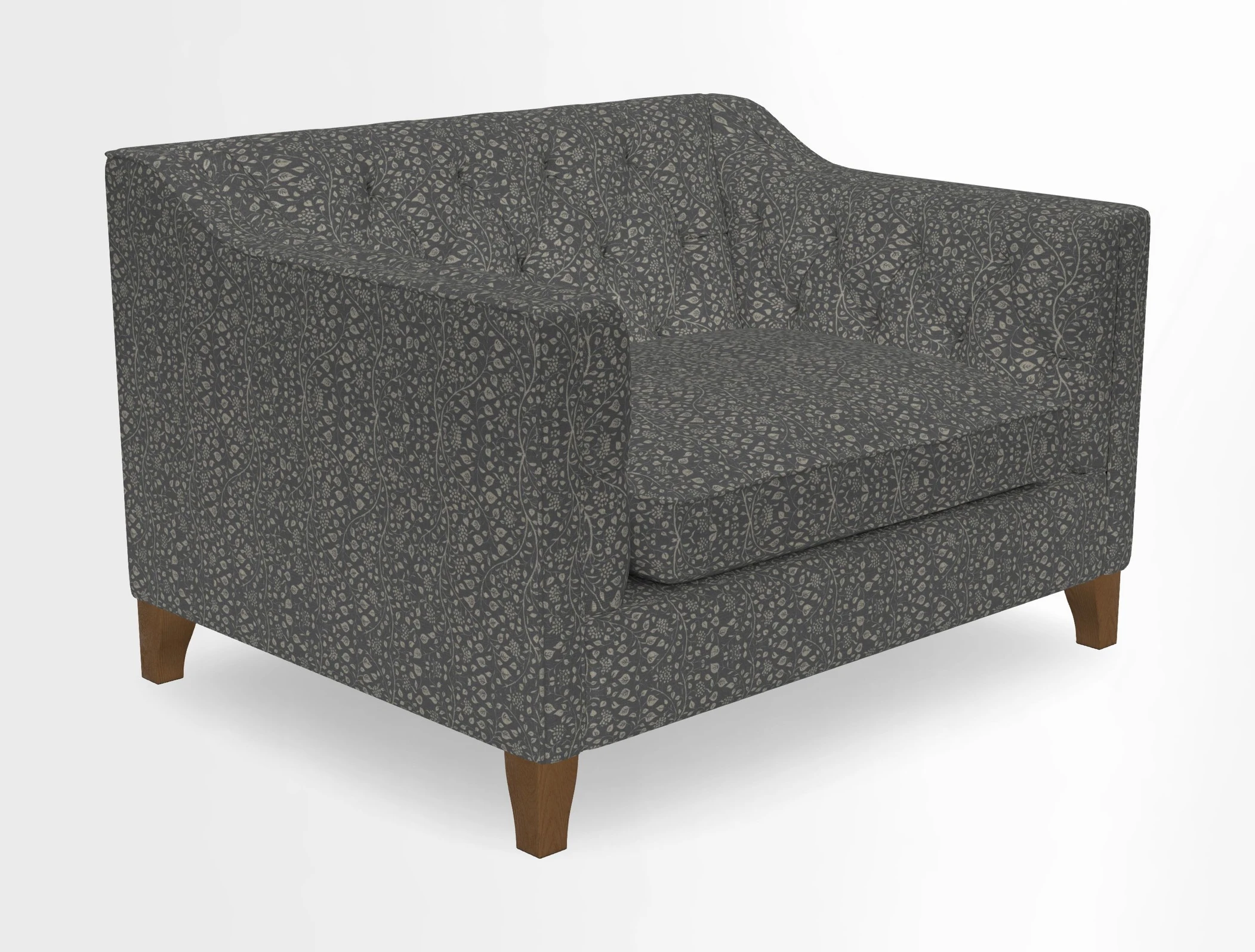Haresfield Snuggler Dipped Arms in Mohair Lichen Seat Cushion in RHS Gertrude Jekyll Meadow Flower Olive and Scatters in RHS Gertrude Jekyll Folklore Olive