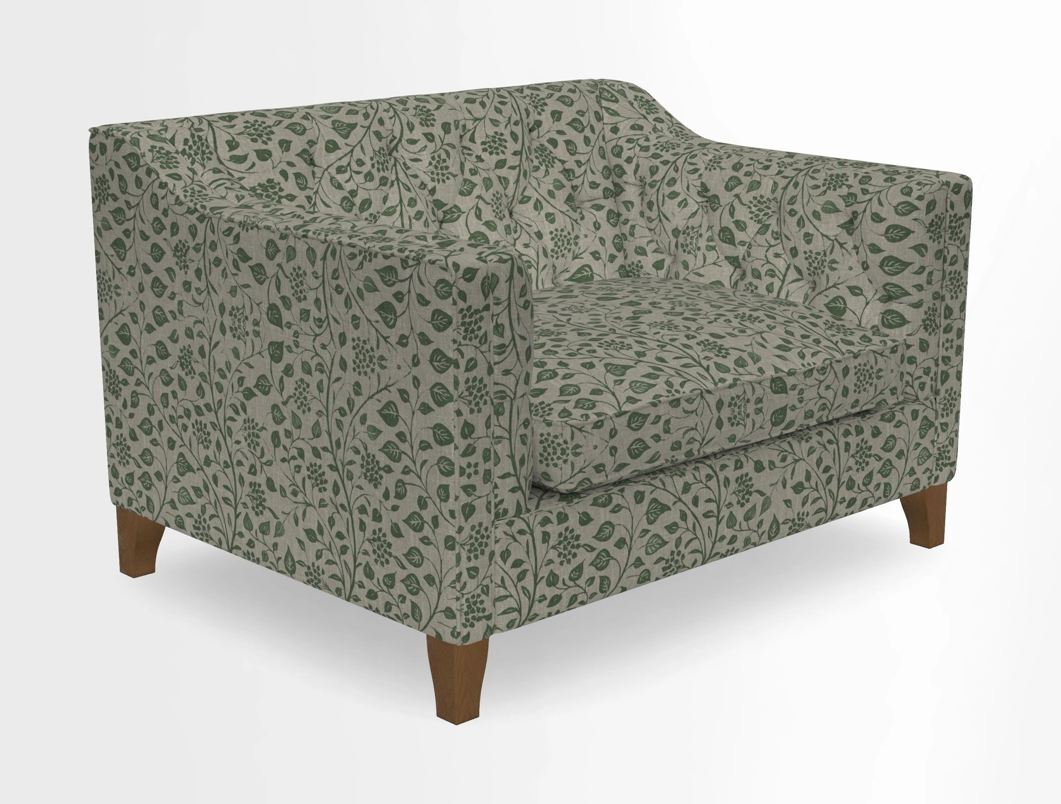 Haresfield Snuggler Dipped Arms in Mohair Lichen Seat Cushion in RHS Gertrude Jekyll Meadow Flower Olive and Scatters in RHS Gertrude Jekyll Folklore Olive