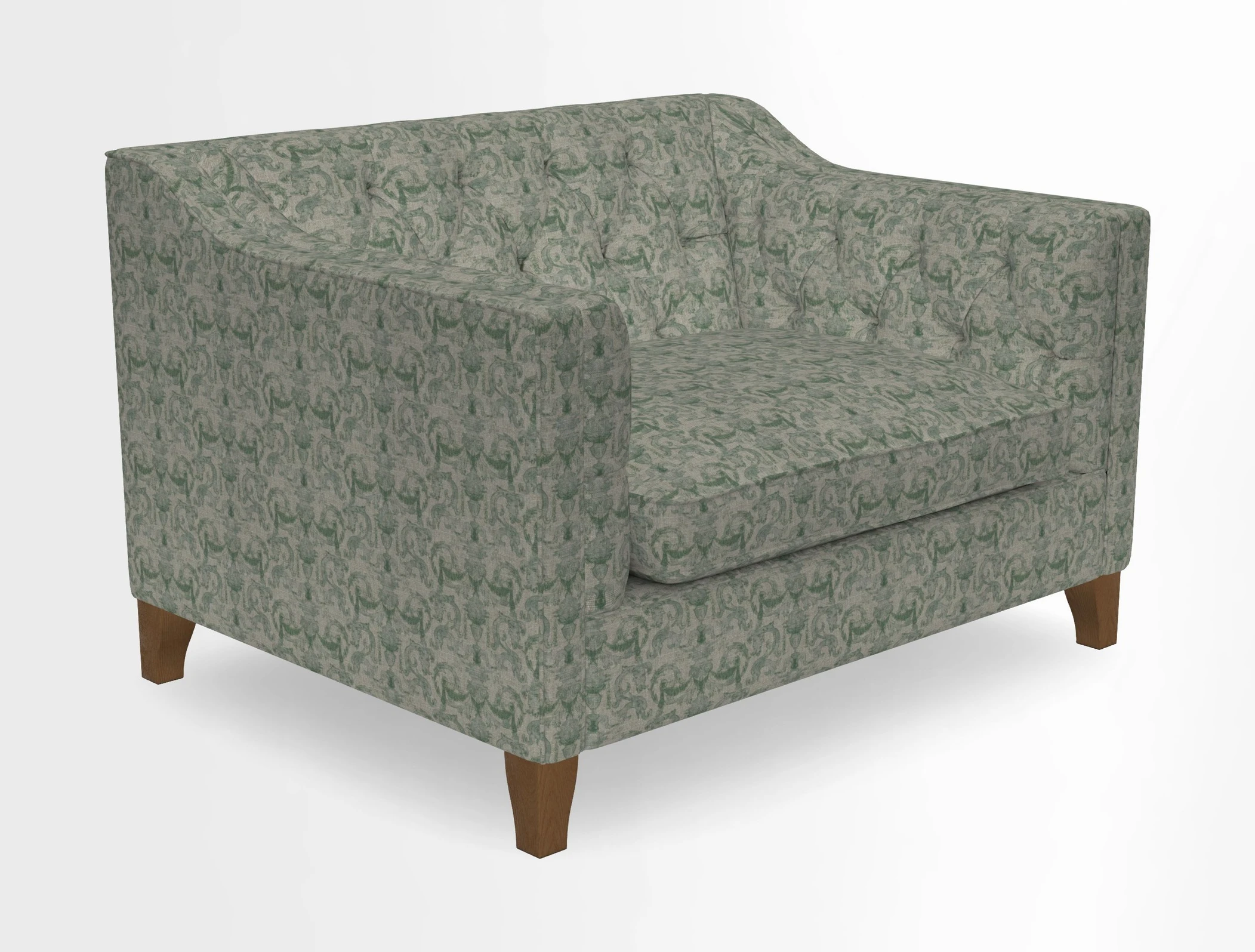 Haresfield Snuggler Dipped Arms in Mohair Lichen Seat Cushion in RHS Gertrude Jekyll Meadow Flower Olive and Scatters in RHS Gertrude Jekyll Folklore Olive