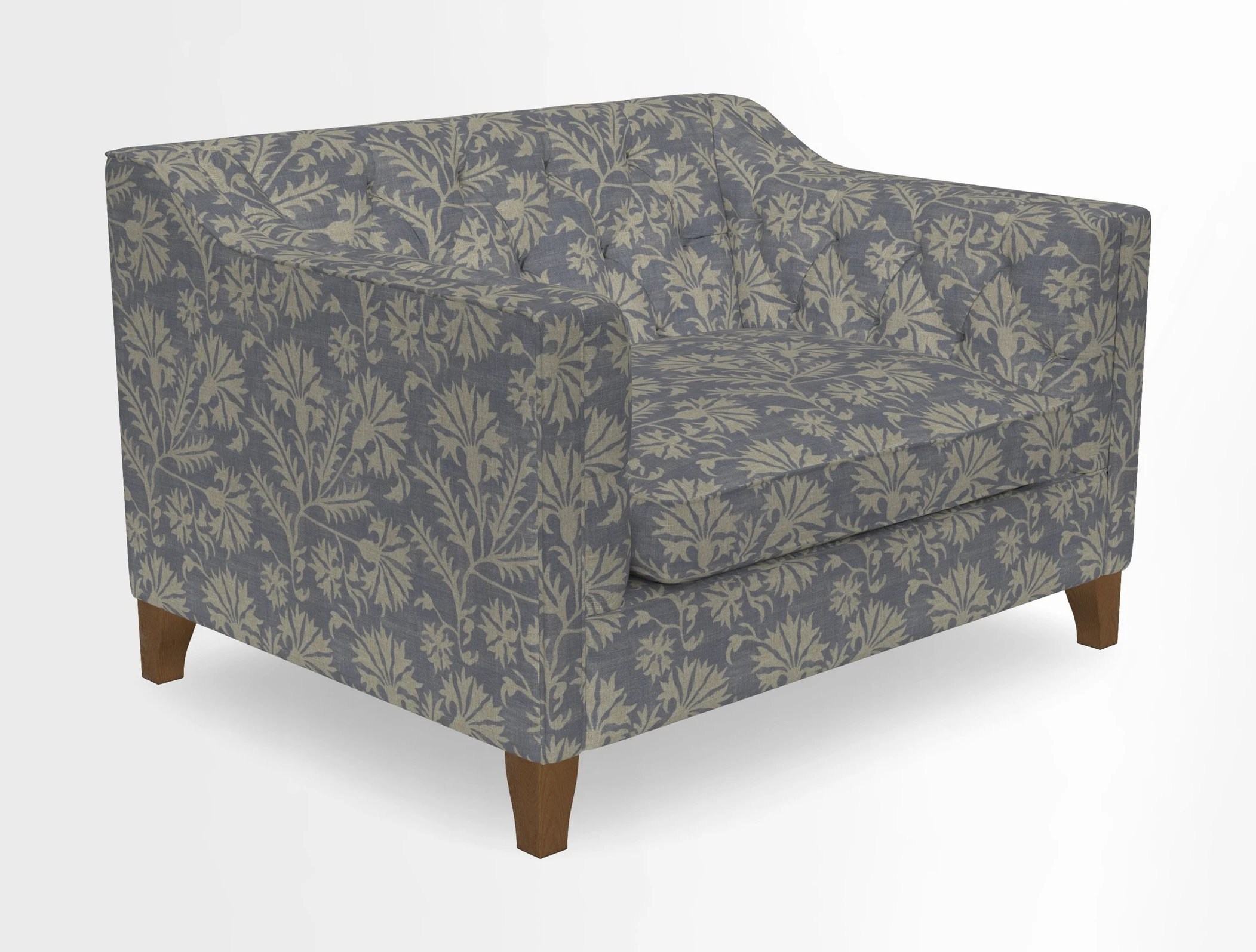 Haresfield Snuggler Dipped Arms in Mohair Lichen Seat Cushion in RHS Gertrude Jekyll Meadow Flower Olive and Scatters in RHS Gertrude Jekyll Folklore Olive