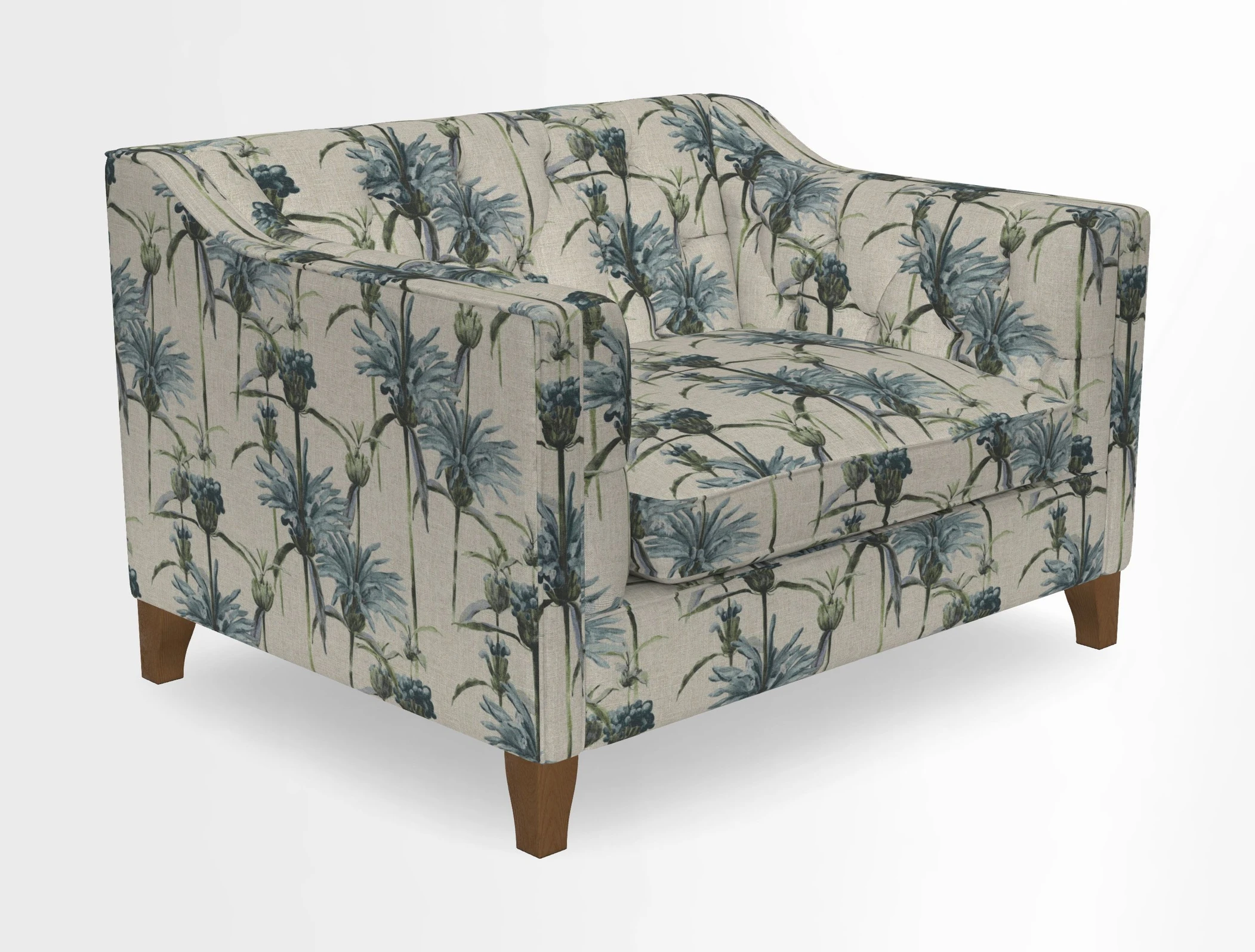 Haresfield Snuggler Dipped Arms in Mohair Lichen Seat Cushion in RHS Gertrude Jekyll Meadow Flower Olive and Scatters in RHS Gertrude Jekyll Folklore Olive