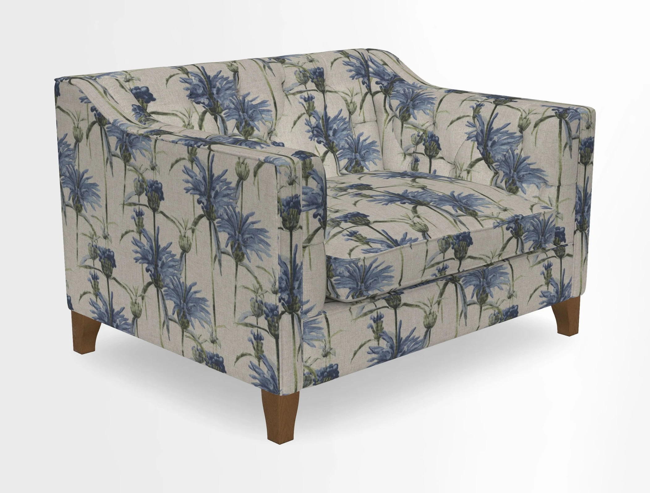 Haresfield Snuggler Dipped Arms in Mohair Lichen Seat Cushion in RHS Gertrude Jekyll Meadow Flower Olive and Scatters in RHS Gertrude Jekyll Folklore Olive
