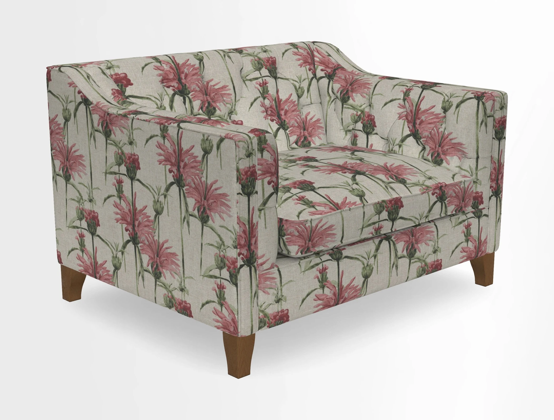 Haresfield Snuggler Dipped Arms in Mohair Lichen Seat Cushion in RHS Gertrude Jekyll Meadow Flower Olive and Scatters in RHS Gertrude Jekyll Folklore Olive