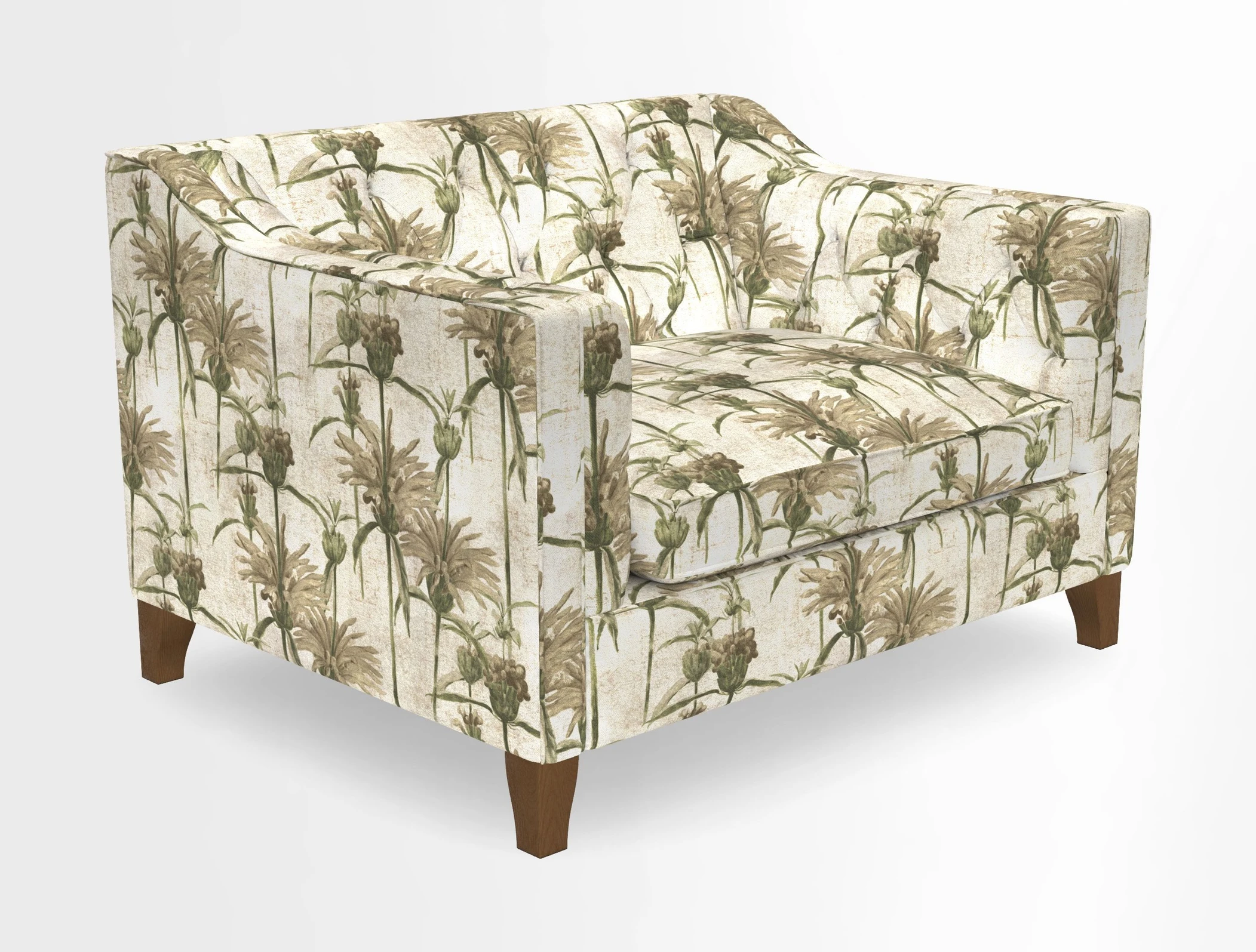Haresfield Snuggler Dipped Arms in Mohair Lichen Seat Cushion in RHS Gertrude Jekyll Meadow Flower Olive and Scatters in RHS Gertrude Jekyll Folklore Olive