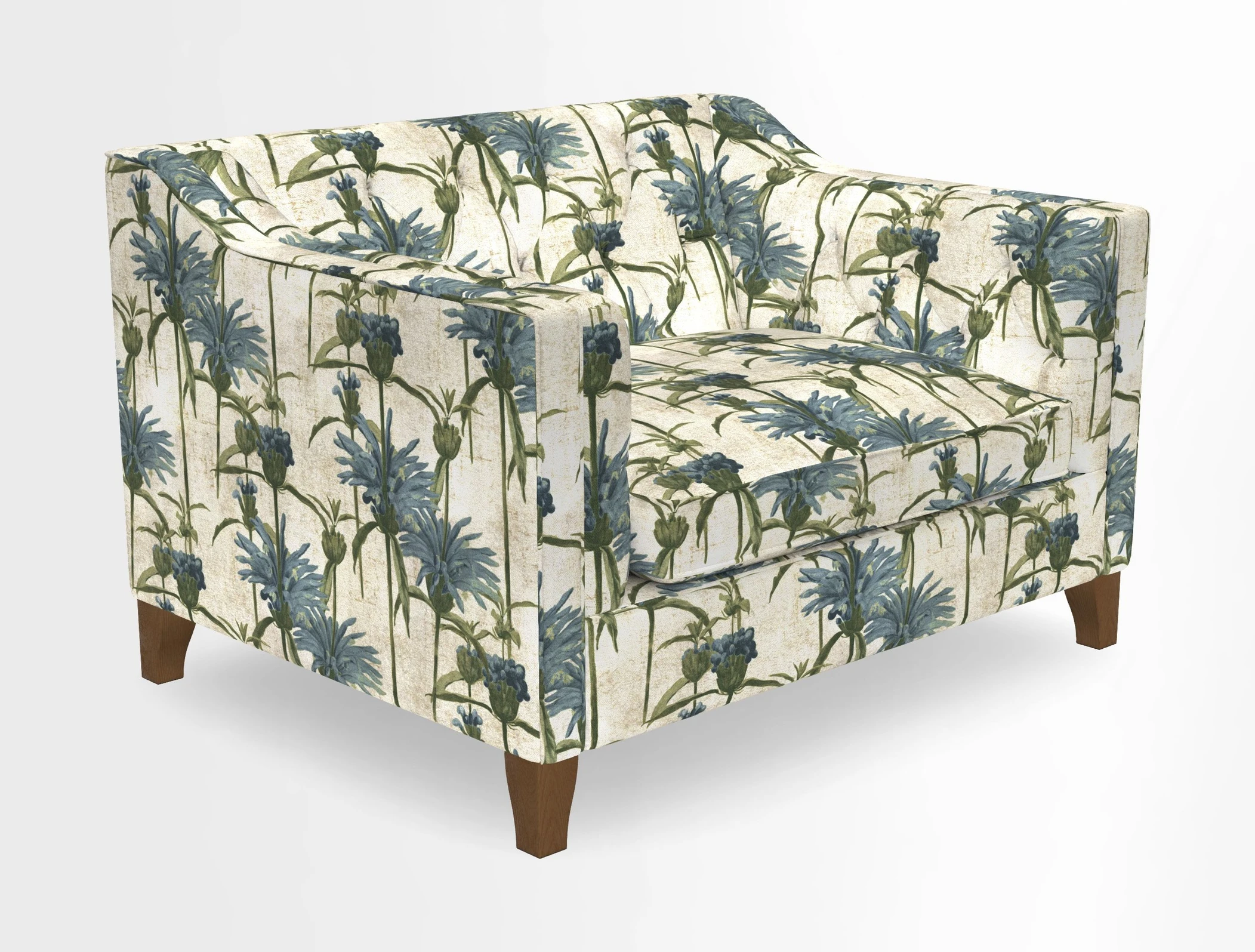 Haresfield Snuggler Dipped Arms in Mohair Lichen Seat Cushion in RHS Gertrude Jekyll Meadow Flower Olive and Scatters in RHS Gertrude Jekyll Folklore Olive