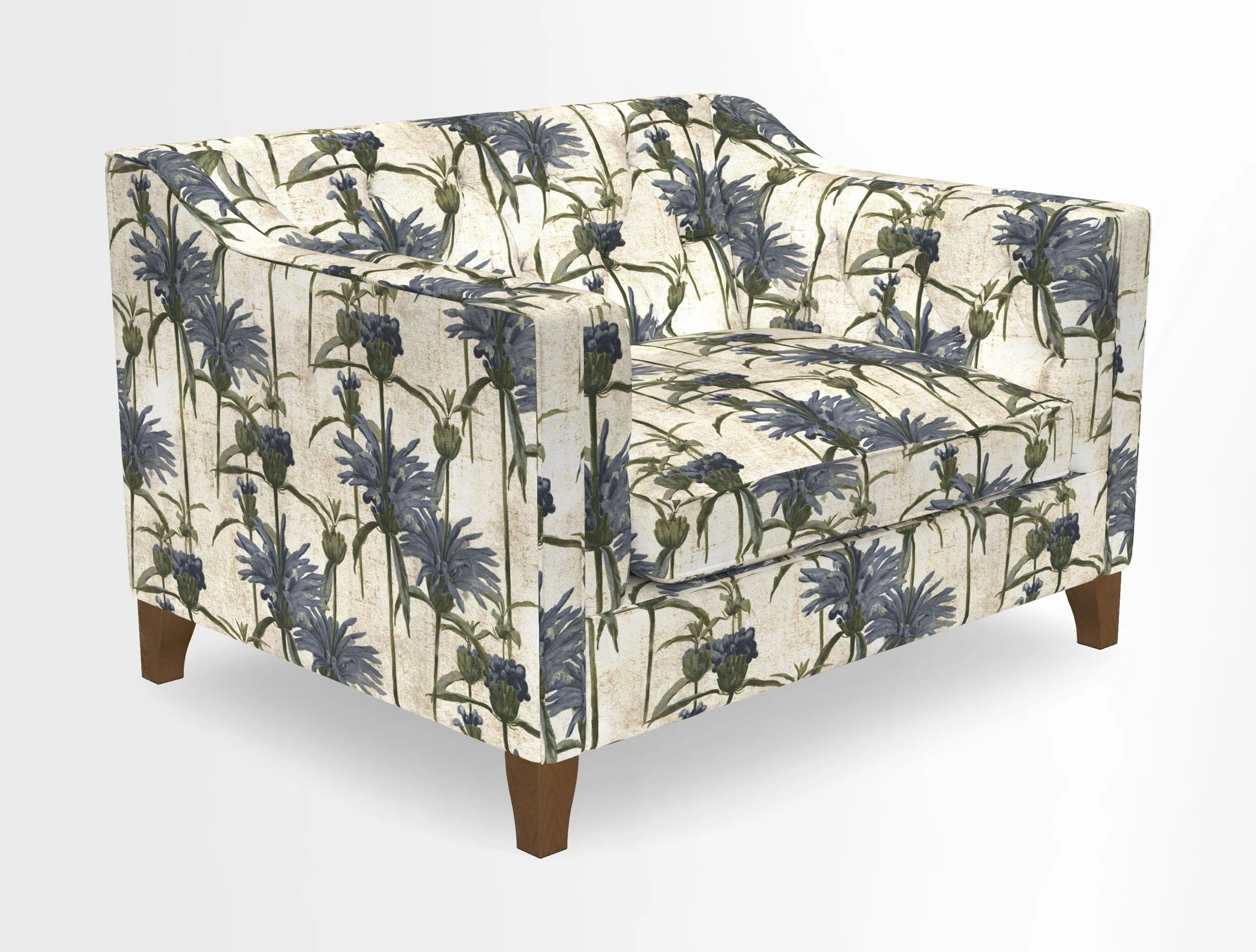 Haresfield Snuggler Dipped Arms in Mohair Lichen Seat Cushion in RHS Gertrude Jekyll Meadow Flower Olive and Scatters in RHS Gertrude Jekyll Folklore Olive