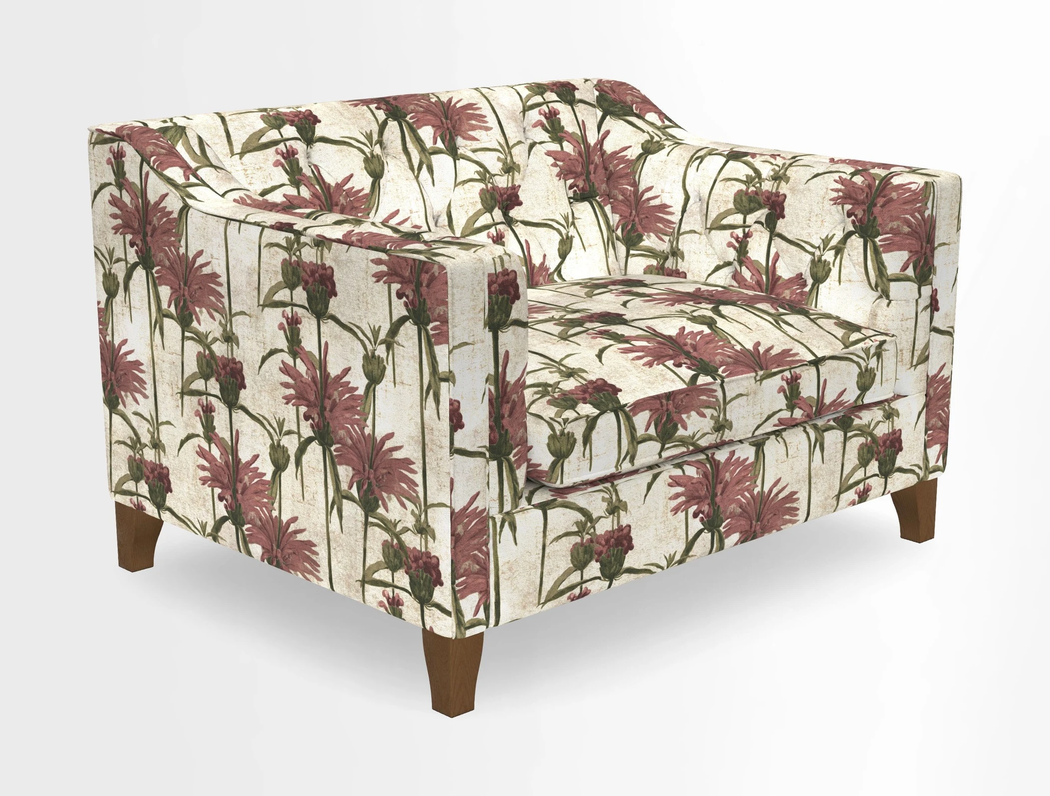 Haresfield Snuggler Dipped Arms in Mohair Lichen Seat Cushion in RHS Gertrude Jekyll Meadow Flower Olive and Scatters in RHS Gertrude Jekyll Folklore Olive