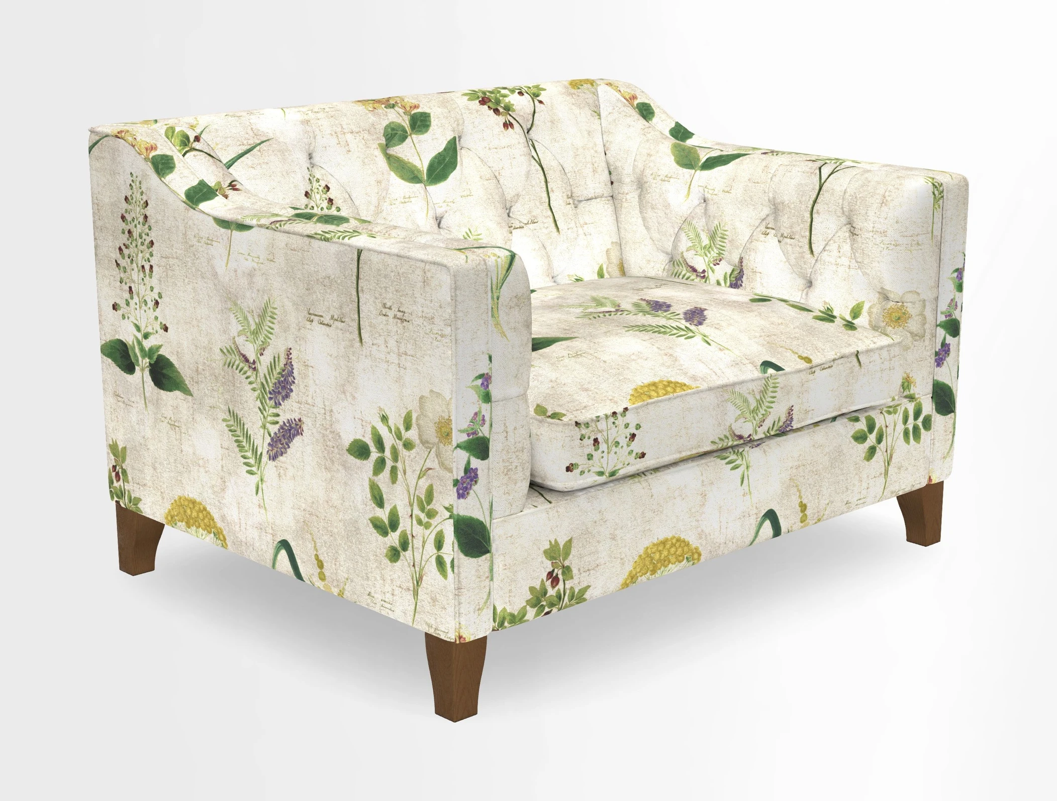 Haresfield Snuggler Dipped Arms in Mohair Lichen Seat Cushion in RHS Gertrude Jekyll Meadow Flower Olive and Scatters in RHS Gertrude Jekyll Folklore Olive